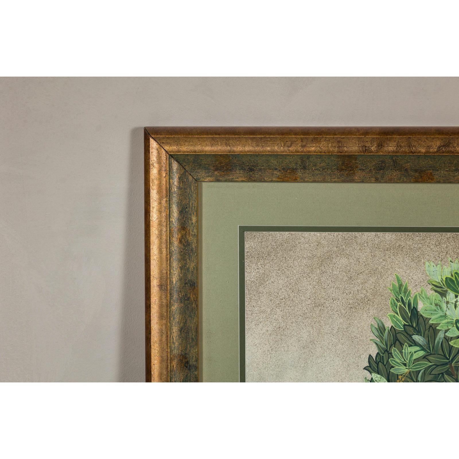 Midcentury Minimalist Botanical Print in Custom Gold Frame under Glass