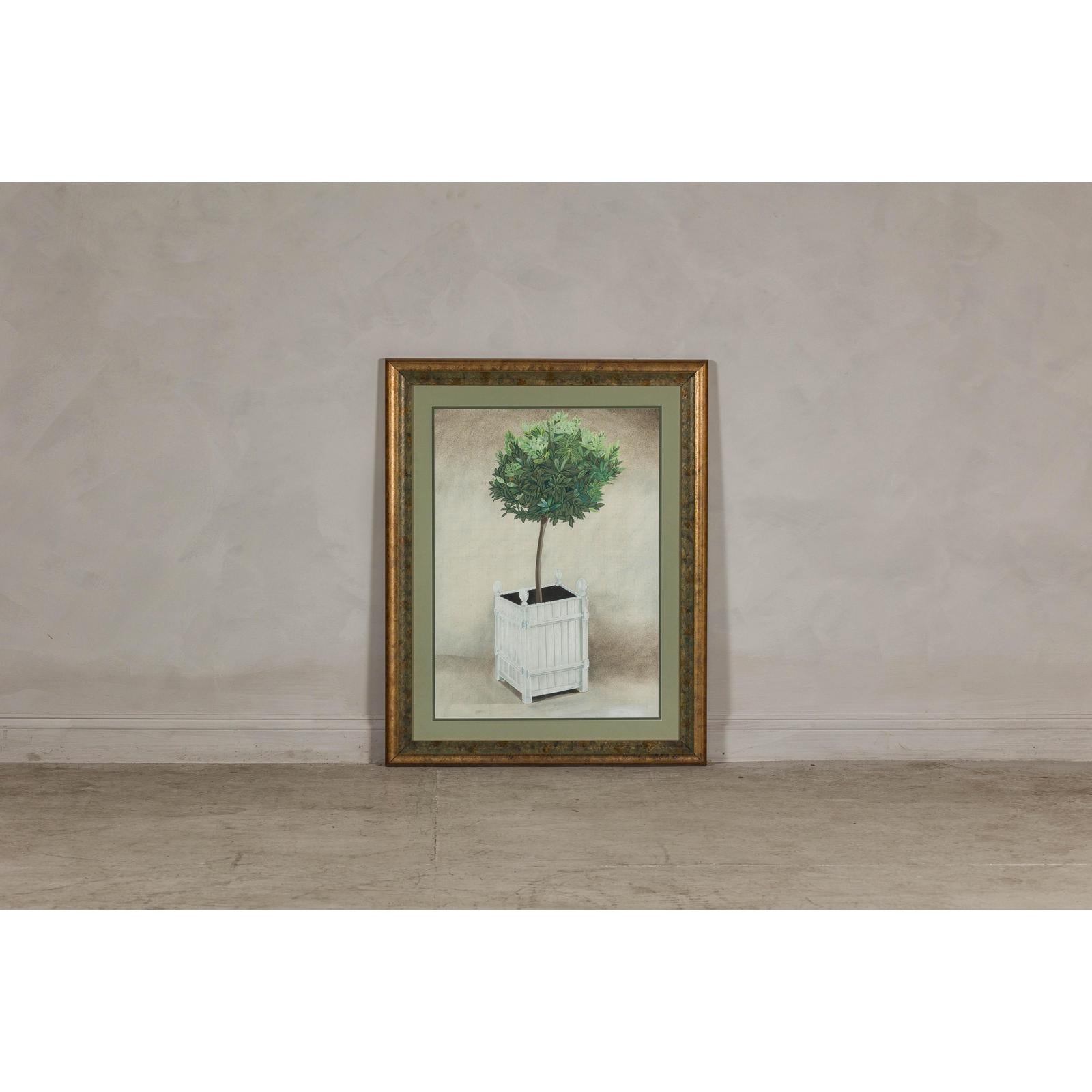 Midcentury Minimalist Botanical Print in Custom Gold Frame under Glass