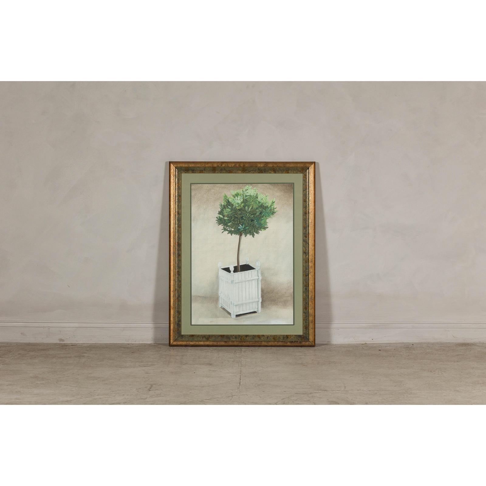 Midcentury Minimalist Botanical Print in Custom Gold Frame under Glass