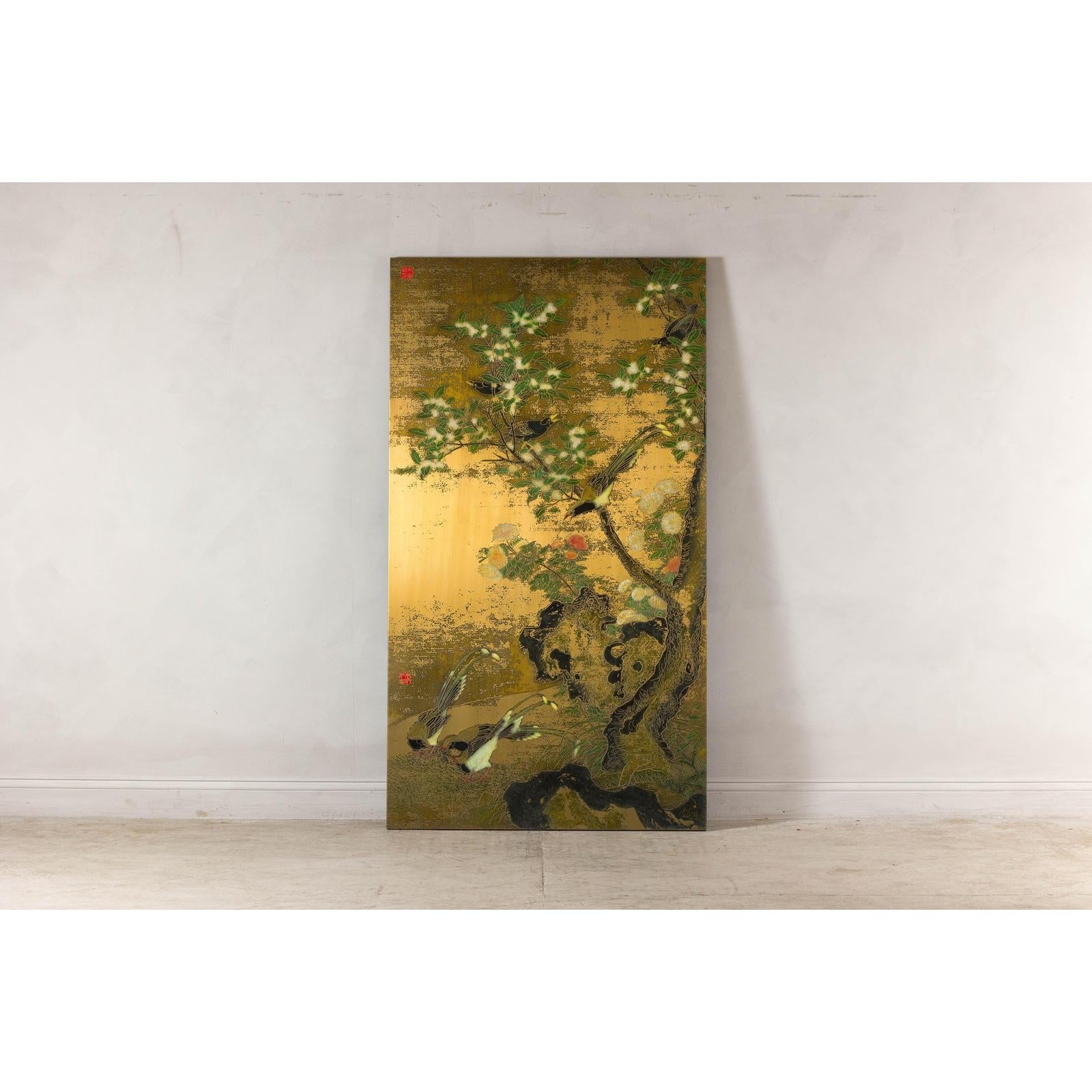 Painted Asian Metal Wall Art with Birds Perched on Foliage and Vibrant Blooms
