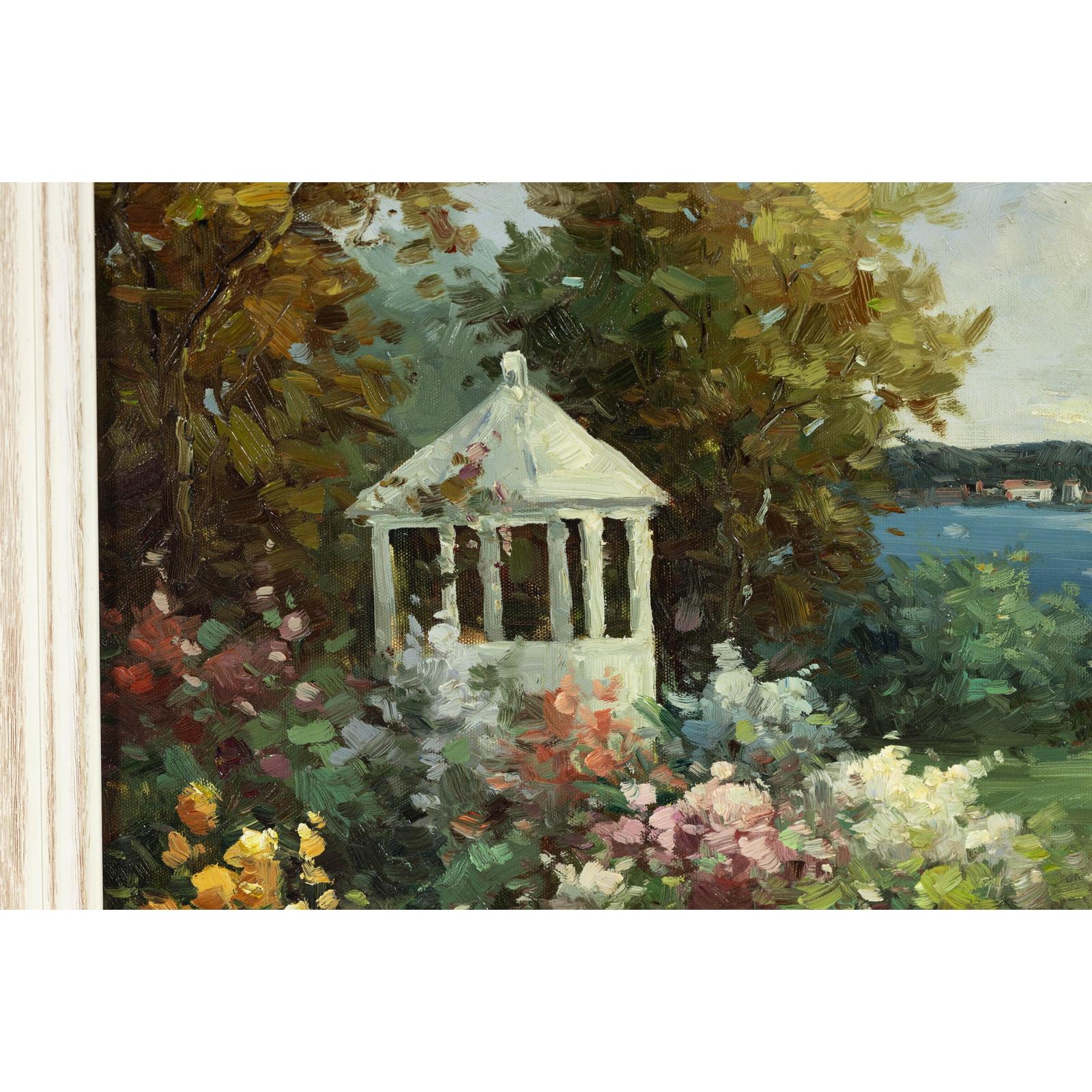 Impressionist Style Garden Painting with Gazebo and Waterfront, Signed R. Johns