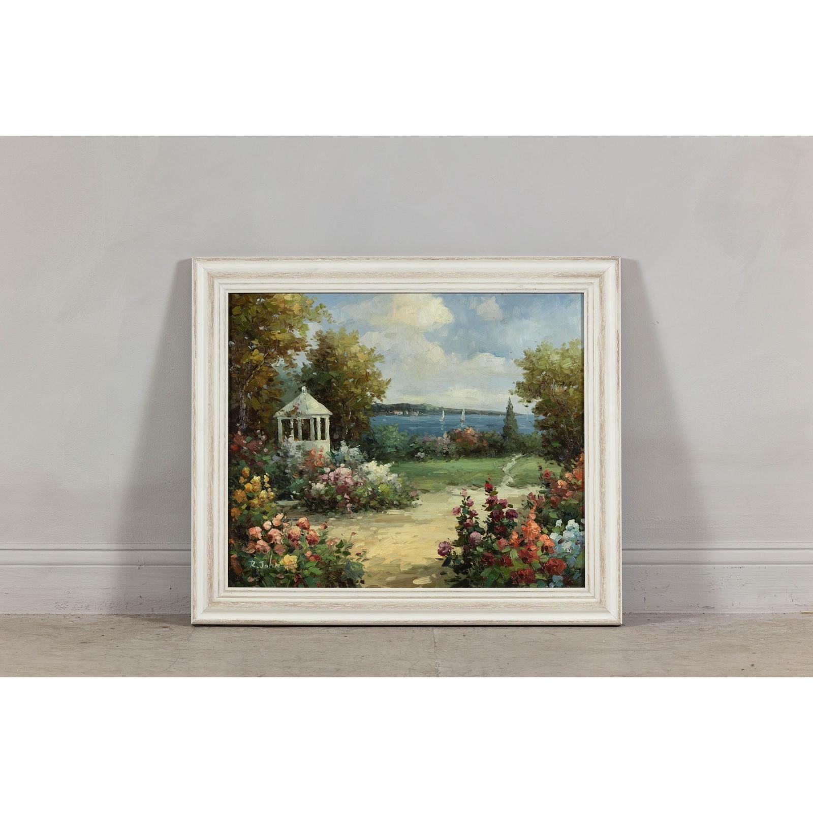Impressionist Style Garden Painting with Gazebo and Waterfront, Signed R. Johns