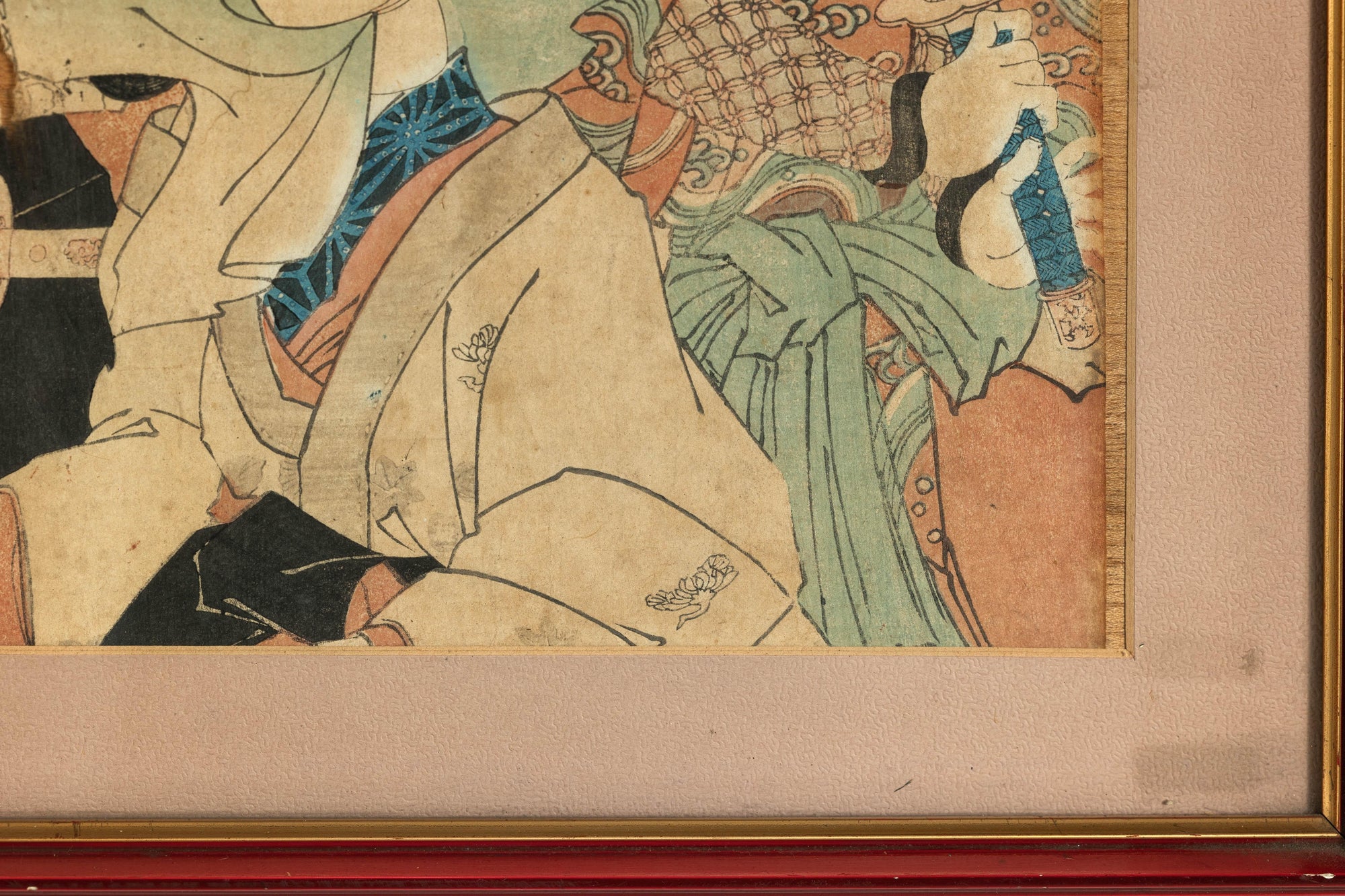 Framed Kabuki Triptych Print with Samurai and Courtesan Actors