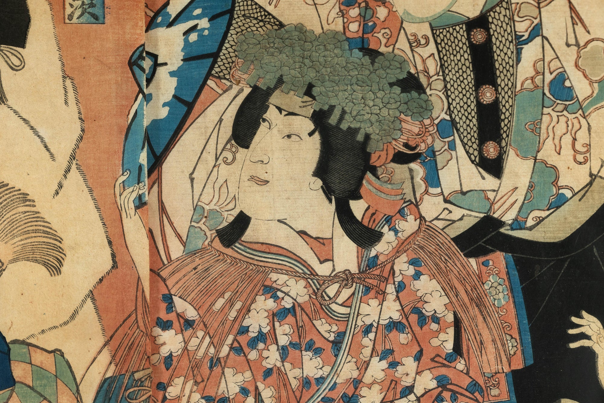 Framed Kabuki Triptych Print with Samurai and Courtesan Actors