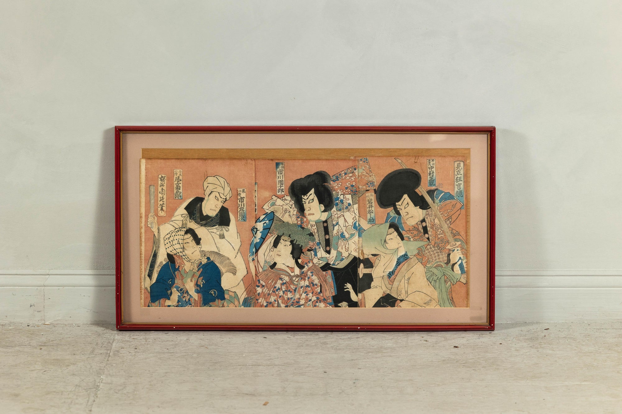 Framed Kabuki Triptych Print with Samurai and Courtesan Actors