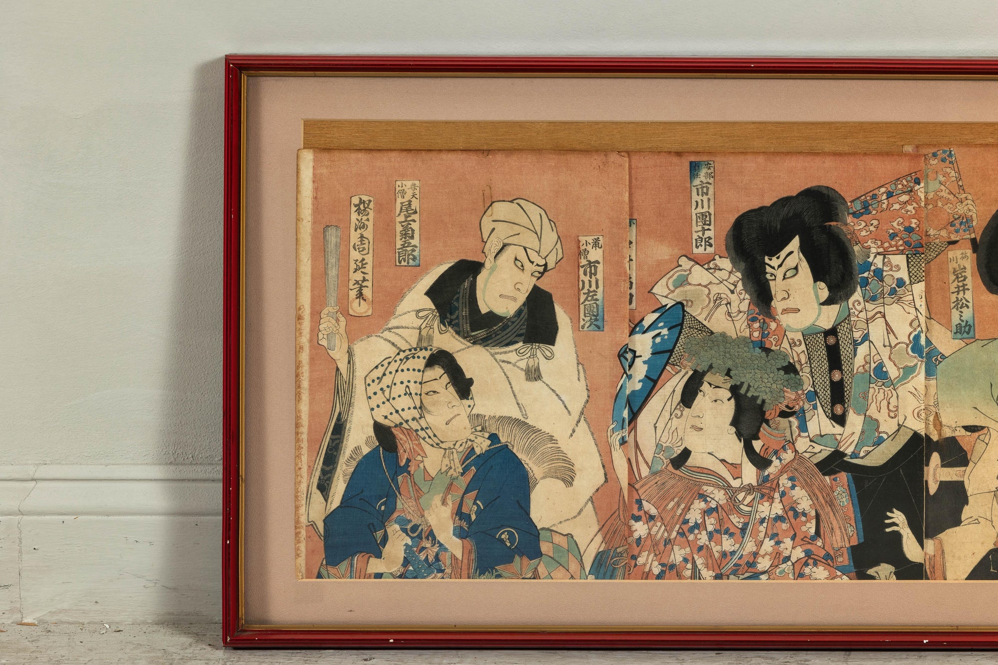 Framed Kabuki Triptych Print with Samurai and Courtesan Actors