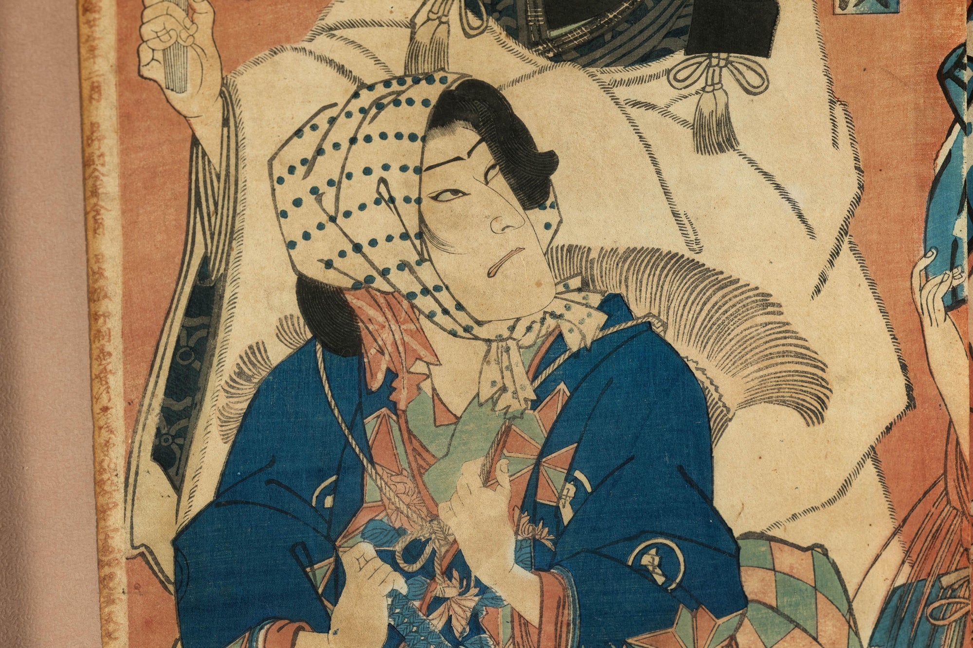 Framed Kabuki Triptych Print with Samurai and Courtesan Actors