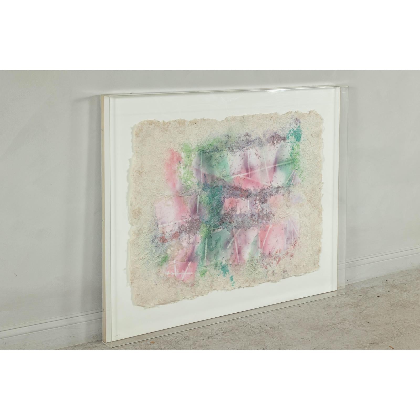 Ethereal Leanne Weissler Abstract Painting in Lucite Box Frame, Pastel Hues