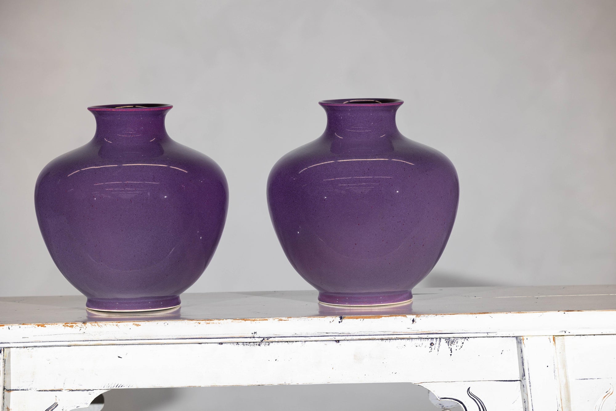 Pair of Purple Ceramic Vases with Glossy Finish and Rounded Bellies