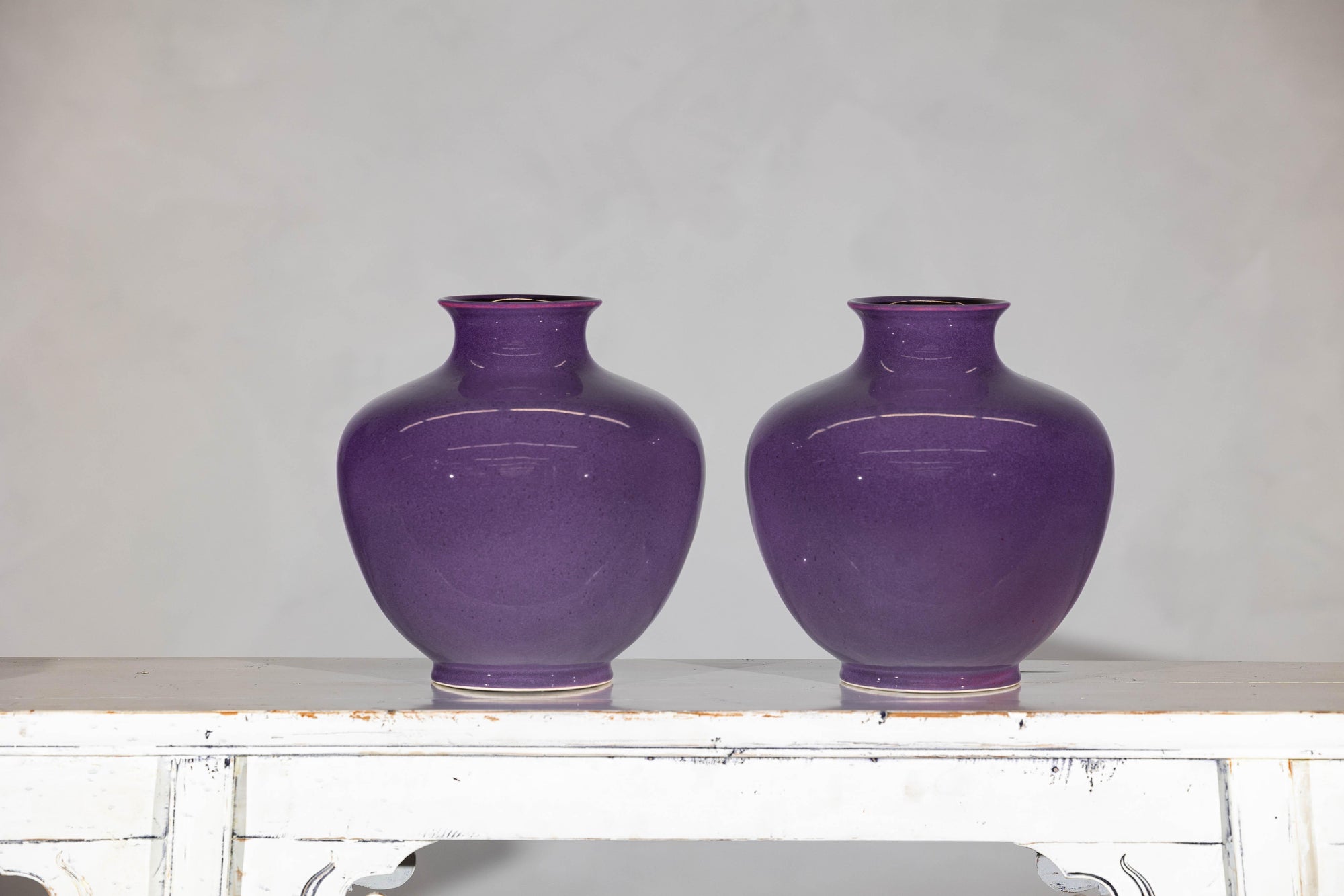 Pair of Purple Ceramic Vases with Glossy Finish and Rounded Bellies