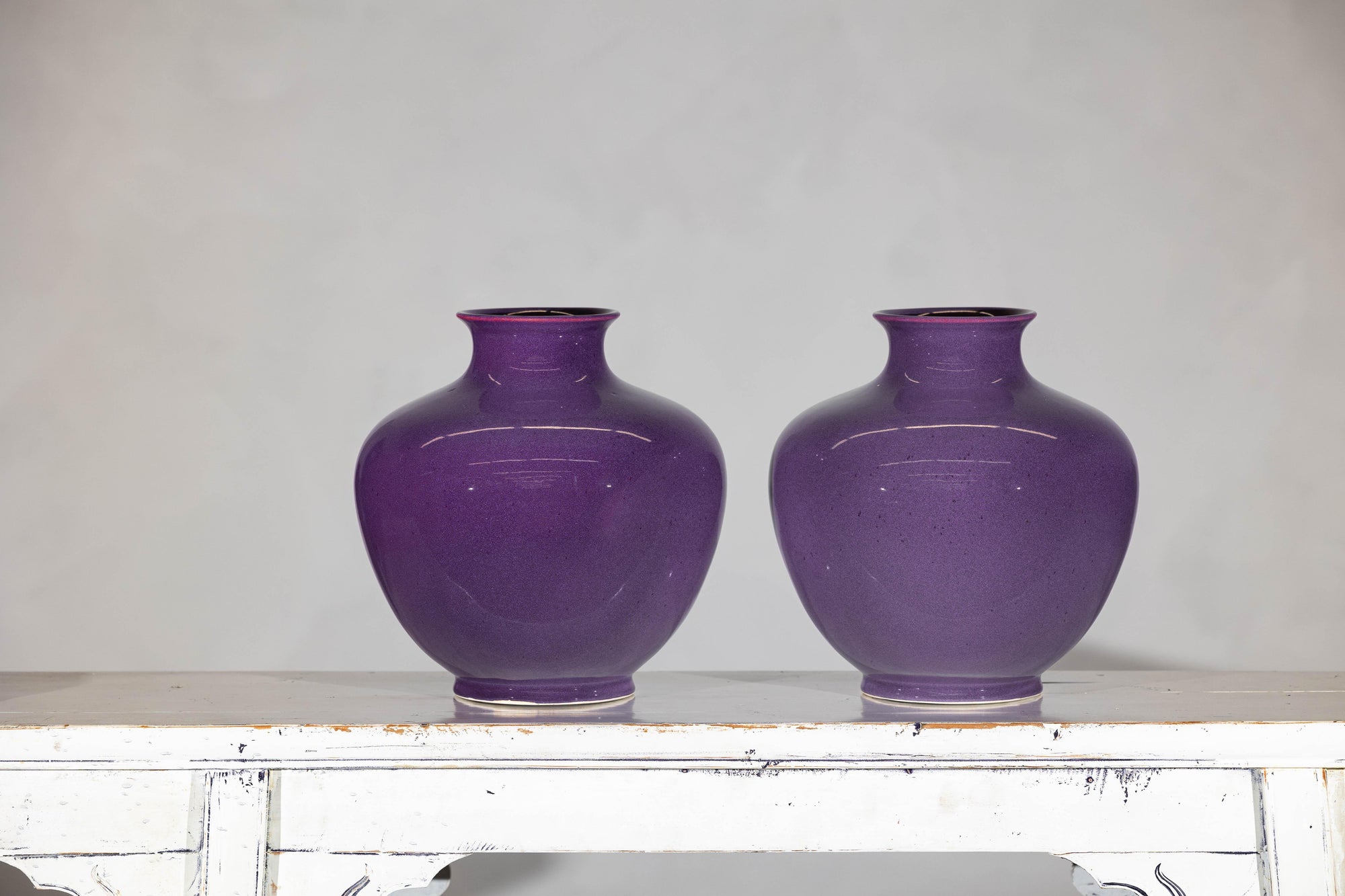 Pair of Purple Ceramic Vases with Glossy Finish and Rounded Bellies