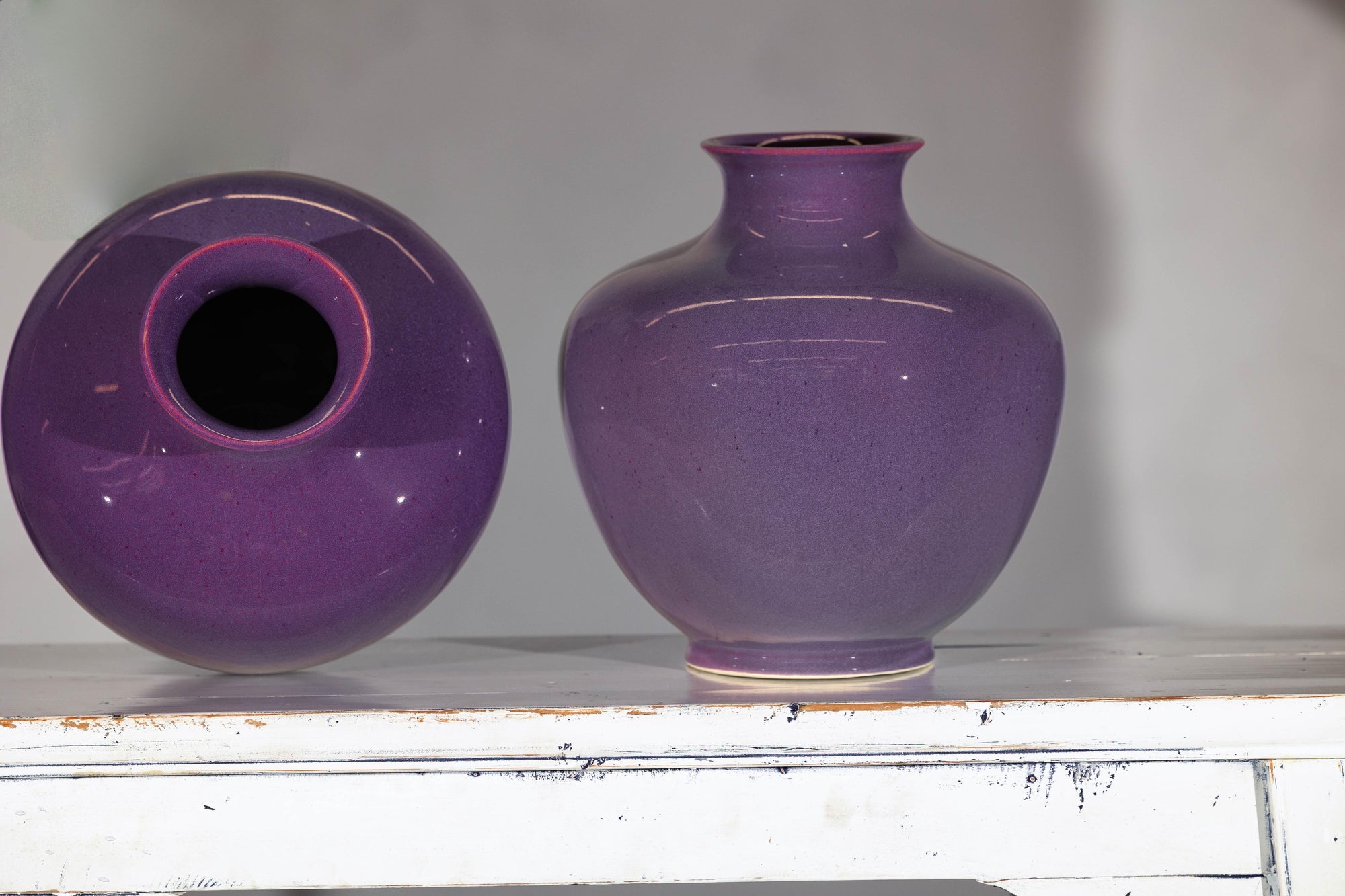 Pair of Purple Ceramic Vases with Glossy Finish and Rounded Bellies