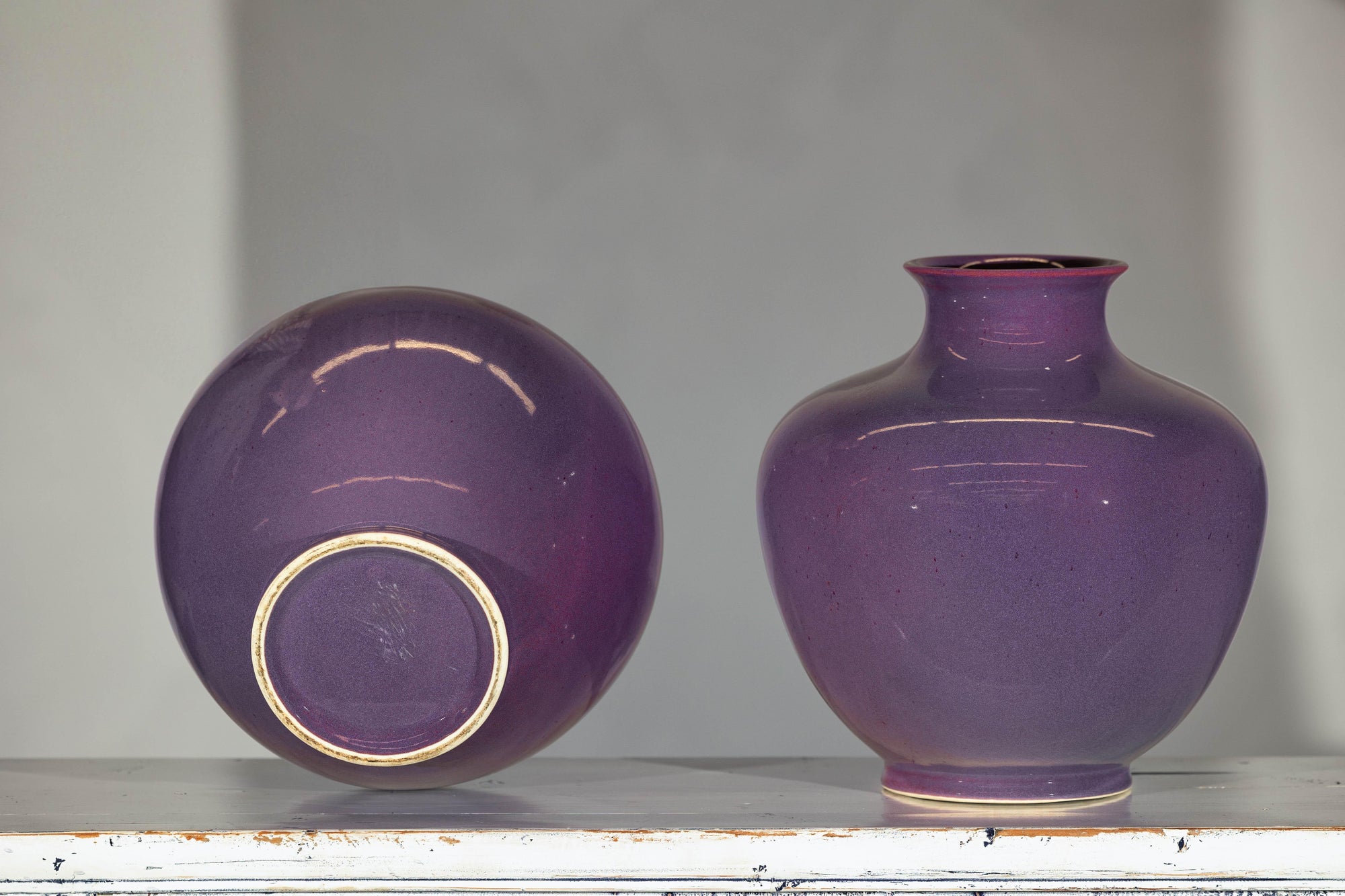 Pair of Purple Ceramic Vases with Glossy Finish and Rounded Bellies