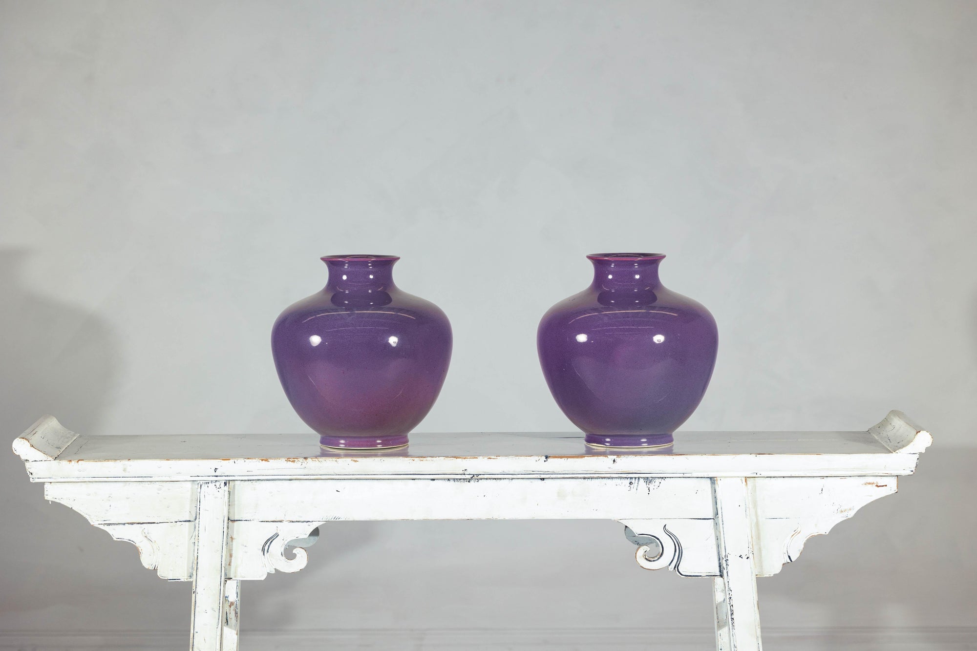 Pair of Purple Ceramic Vases with Glossy Finish and Rounded Bellies