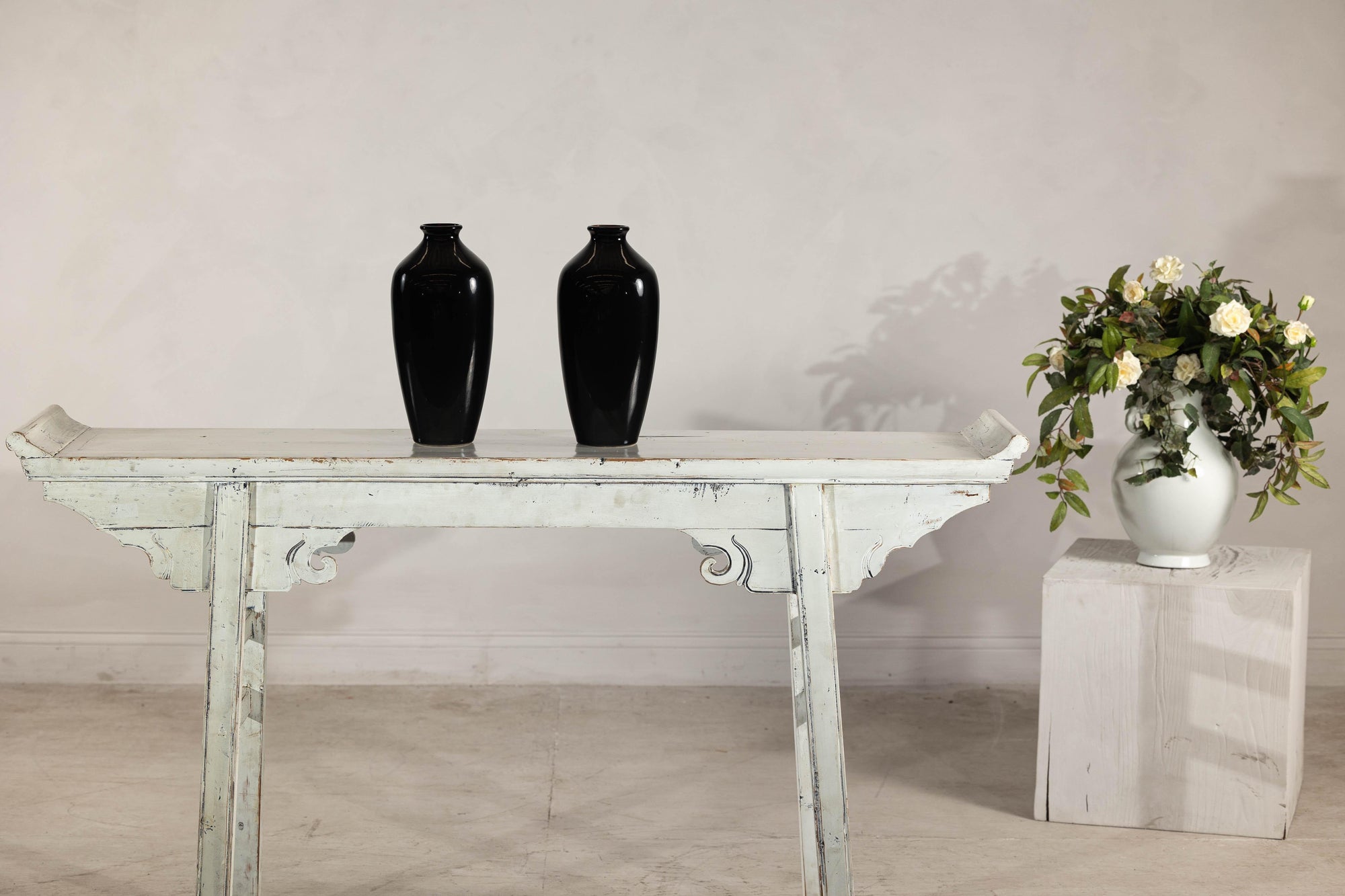 Pair of Vintage Black Porcelain Vases with Glossy Glaze and Narrow Necks