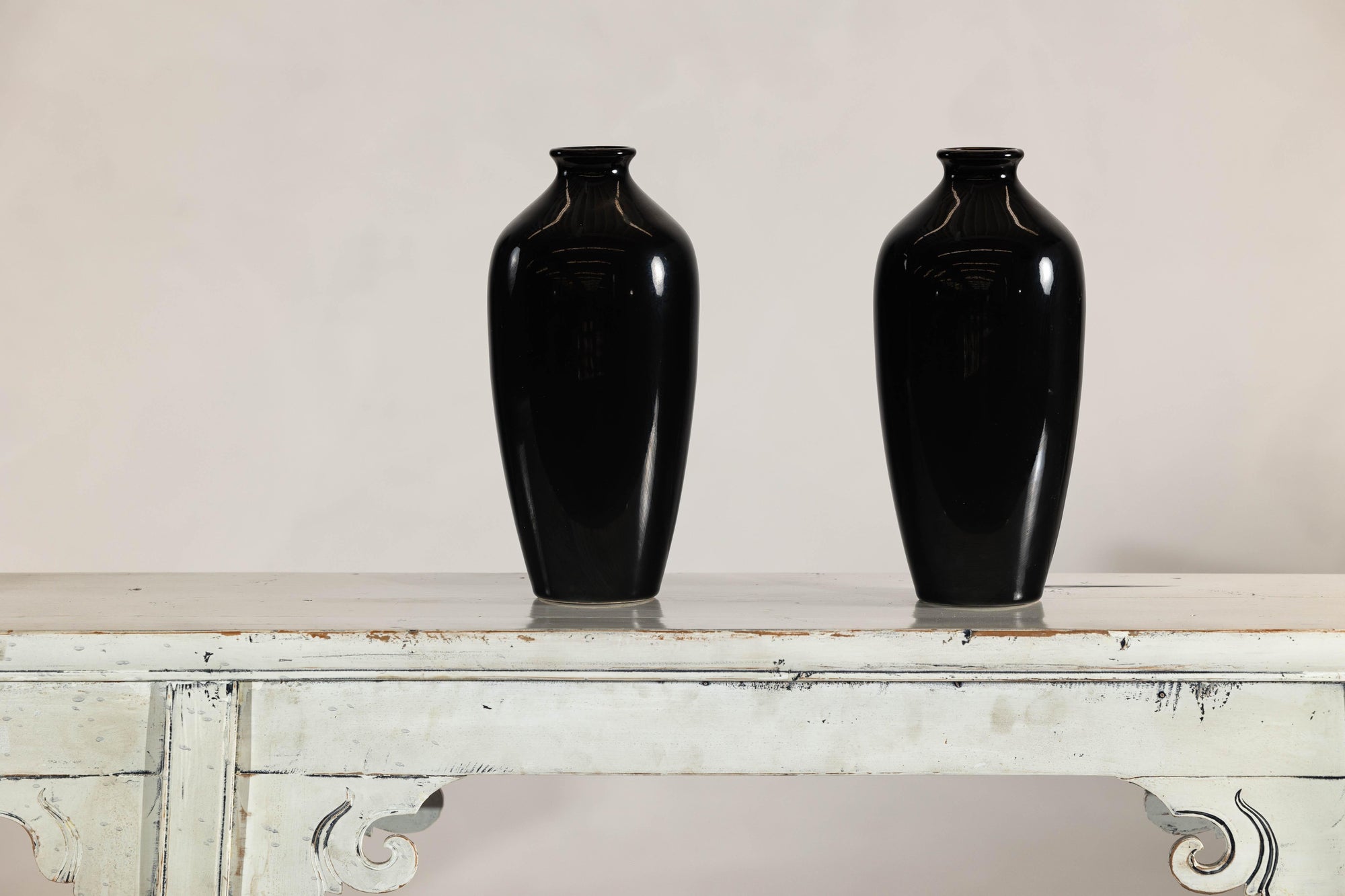 Pair of Vintage Black Porcelain Vases with Glossy Glaze and Narrow Necks