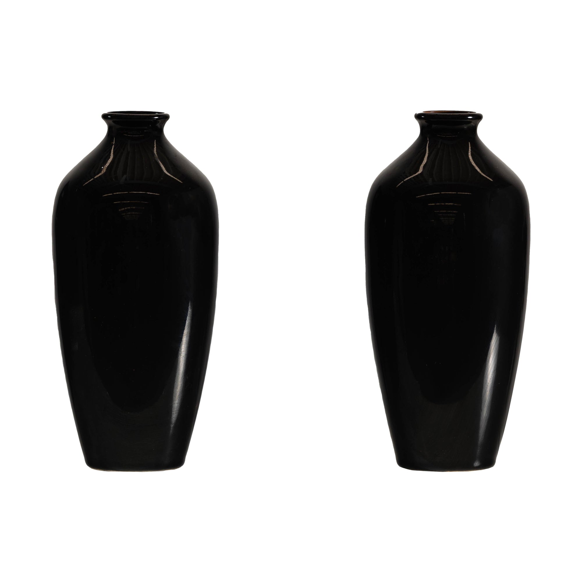 Pair of Vintage Black Porcelain Vases with Glossy Glaze and Narrow Necks