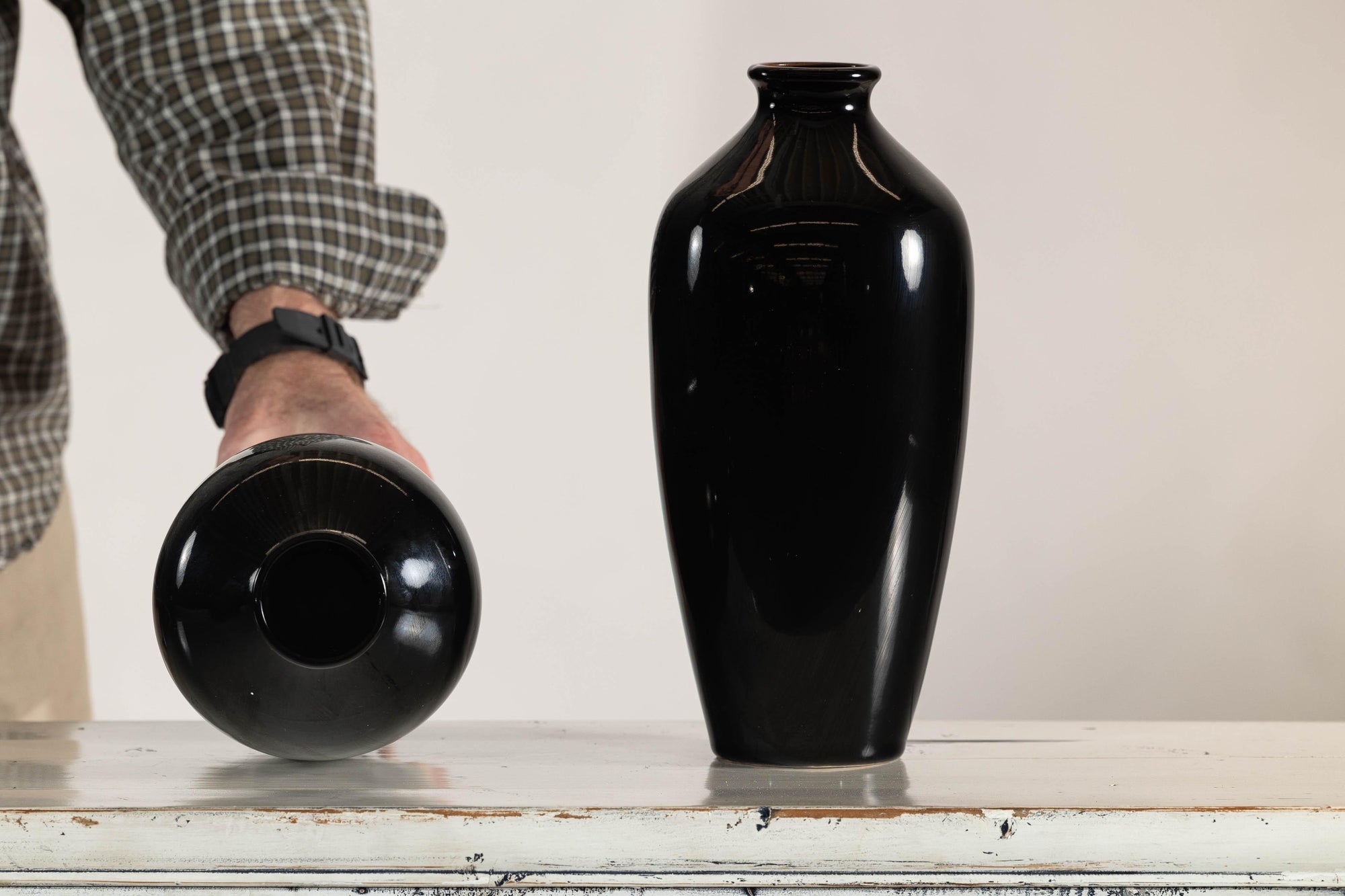 Pair of Vintage Black Porcelain Vases with Glossy Glaze and Narrow Necks