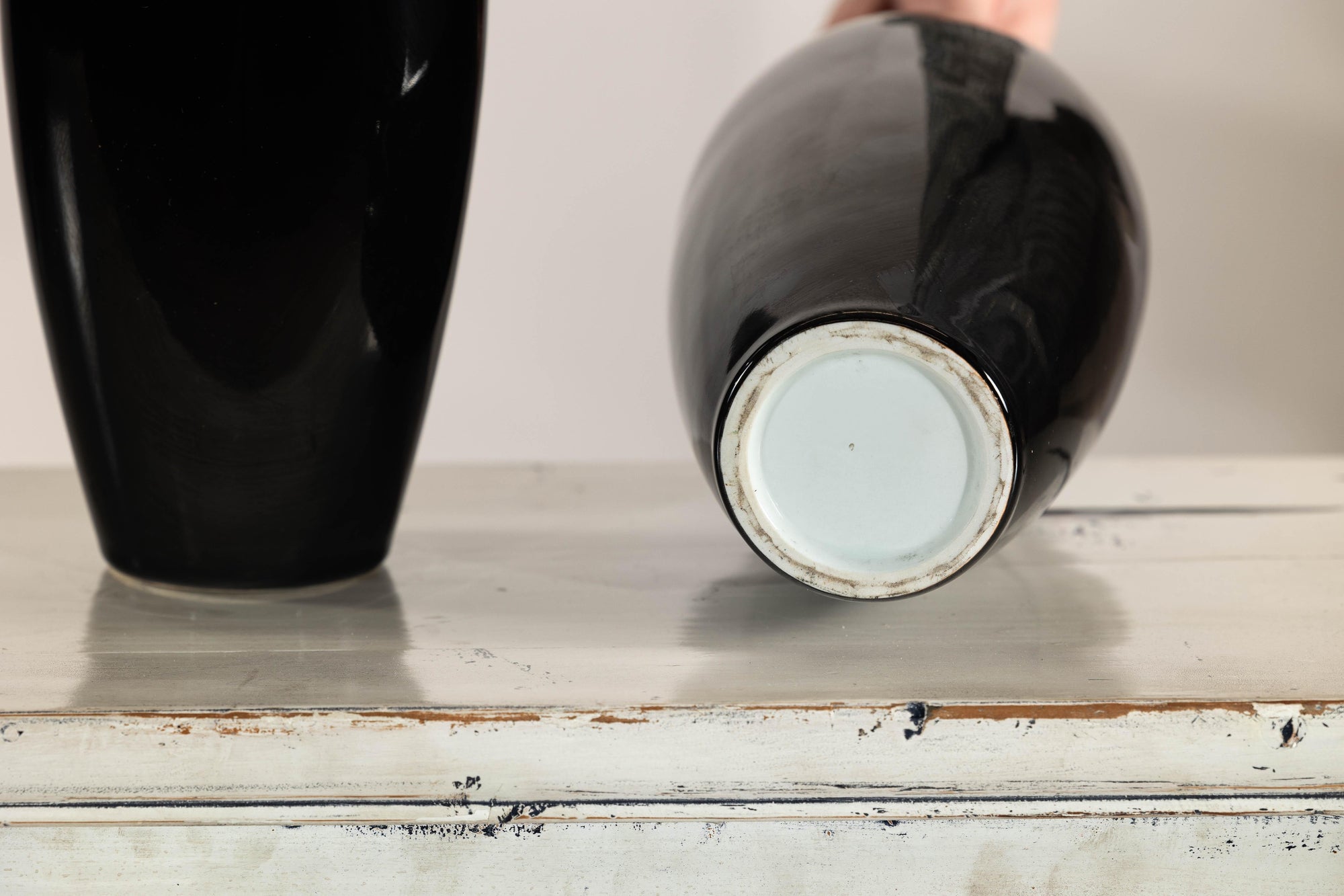 Pair of Vintage Black Porcelain Vases with Glossy Glaze and Narrow Necks