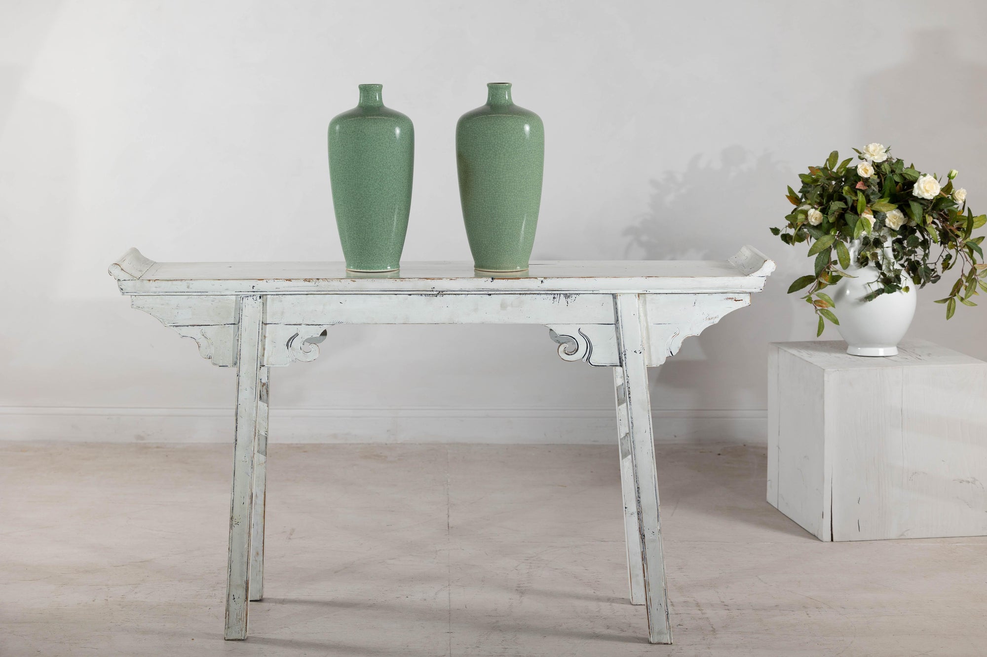 Pair of Vintage Celadon Porcelain Vases with Elegant Crackled Glaze
