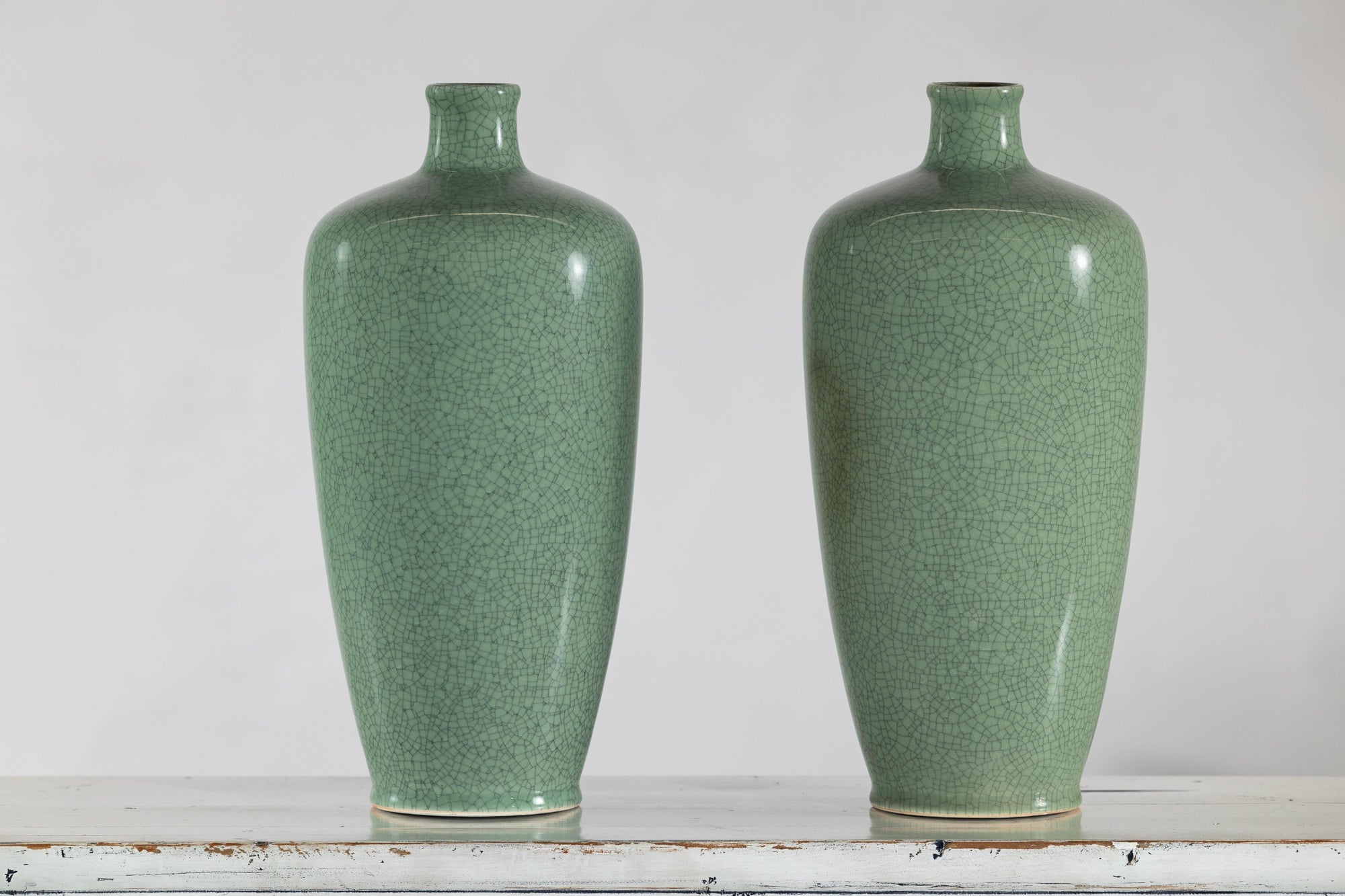 Pair of Vintage Celadon Porcelain Vases with Elegant Crackled Glaze