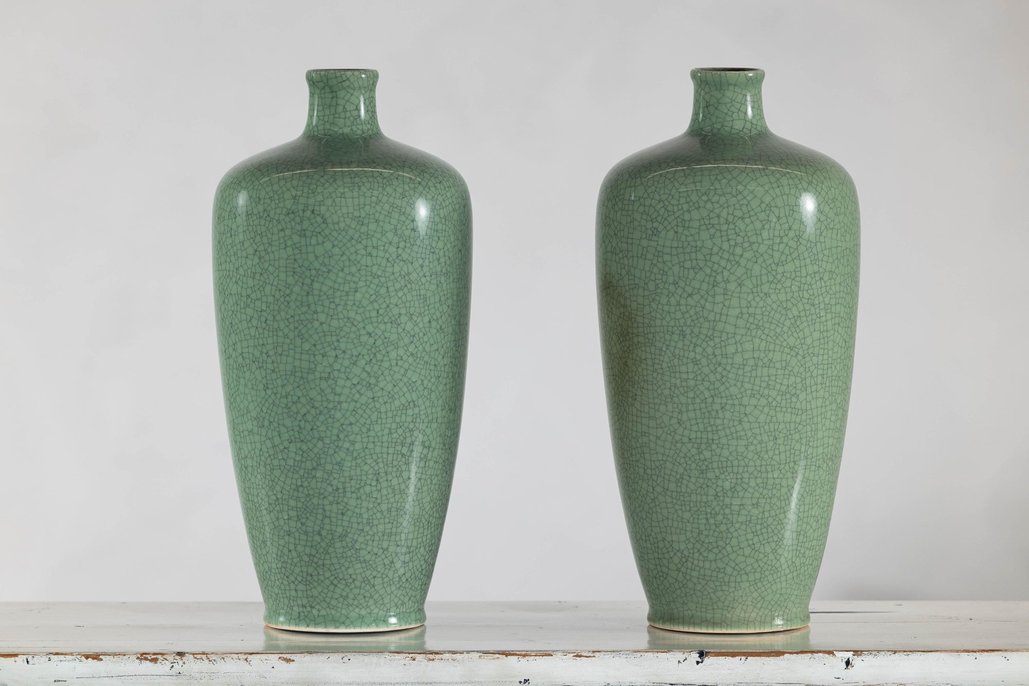 Pair of Vintage Celadon Porcelain Vases with Elegant Crackled Glaze