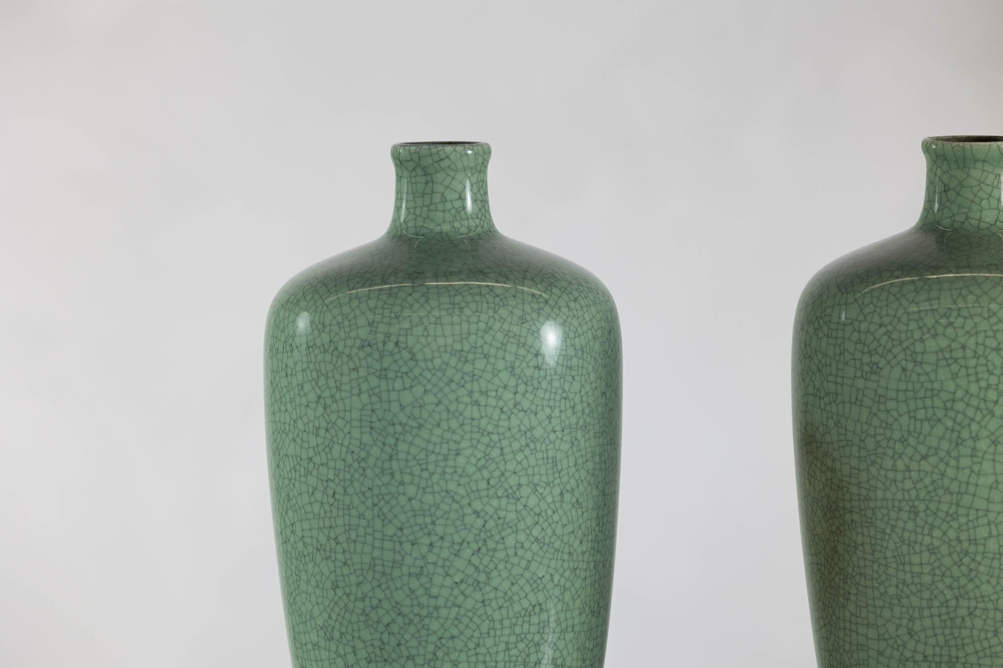 Pair of Vintage Celadon Porcelain Vases with Elegant Crackled Glaze