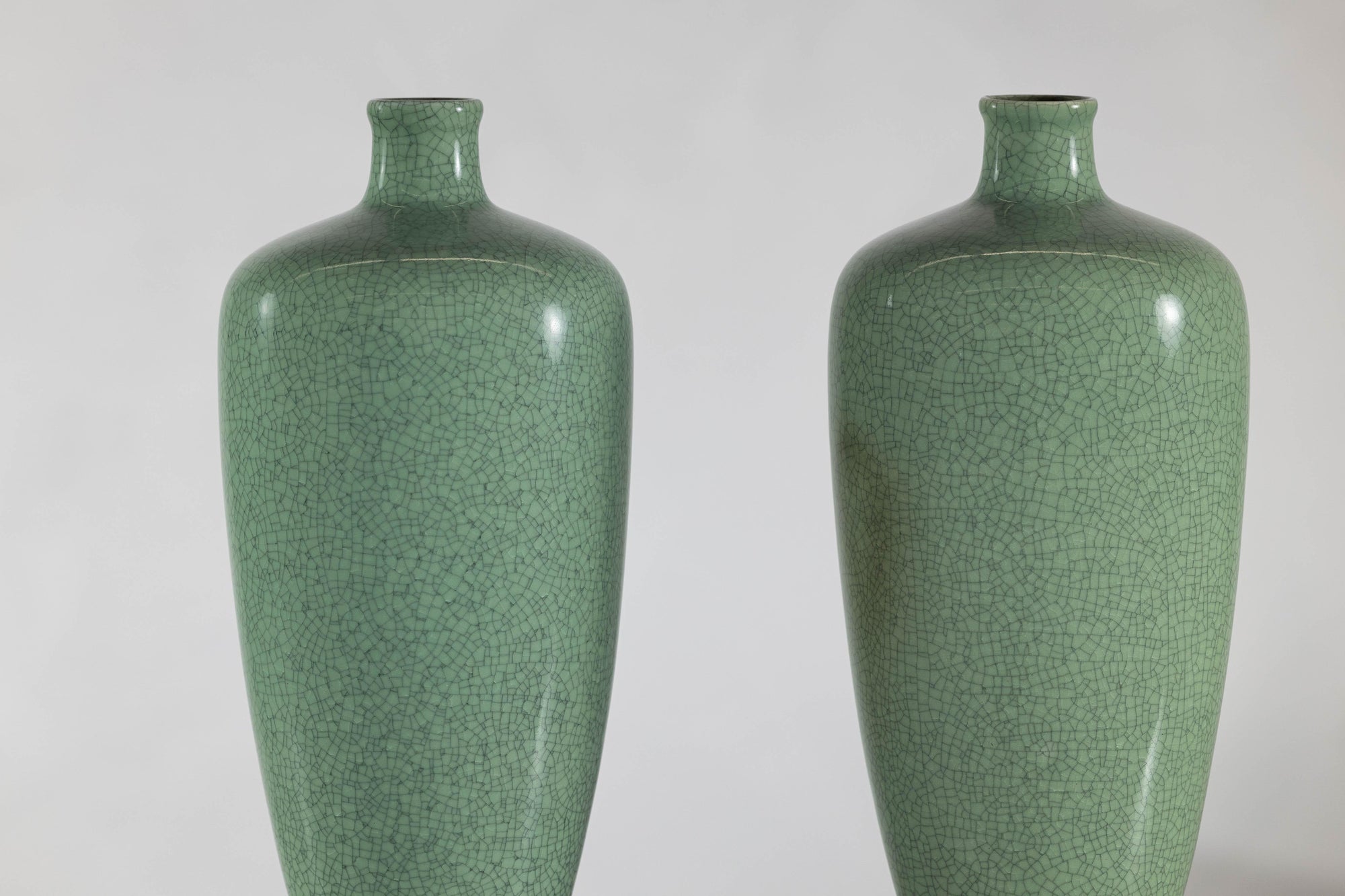 Pair of Vintage Celadon Porcelain Vases with Elegant Crackled Glaze
