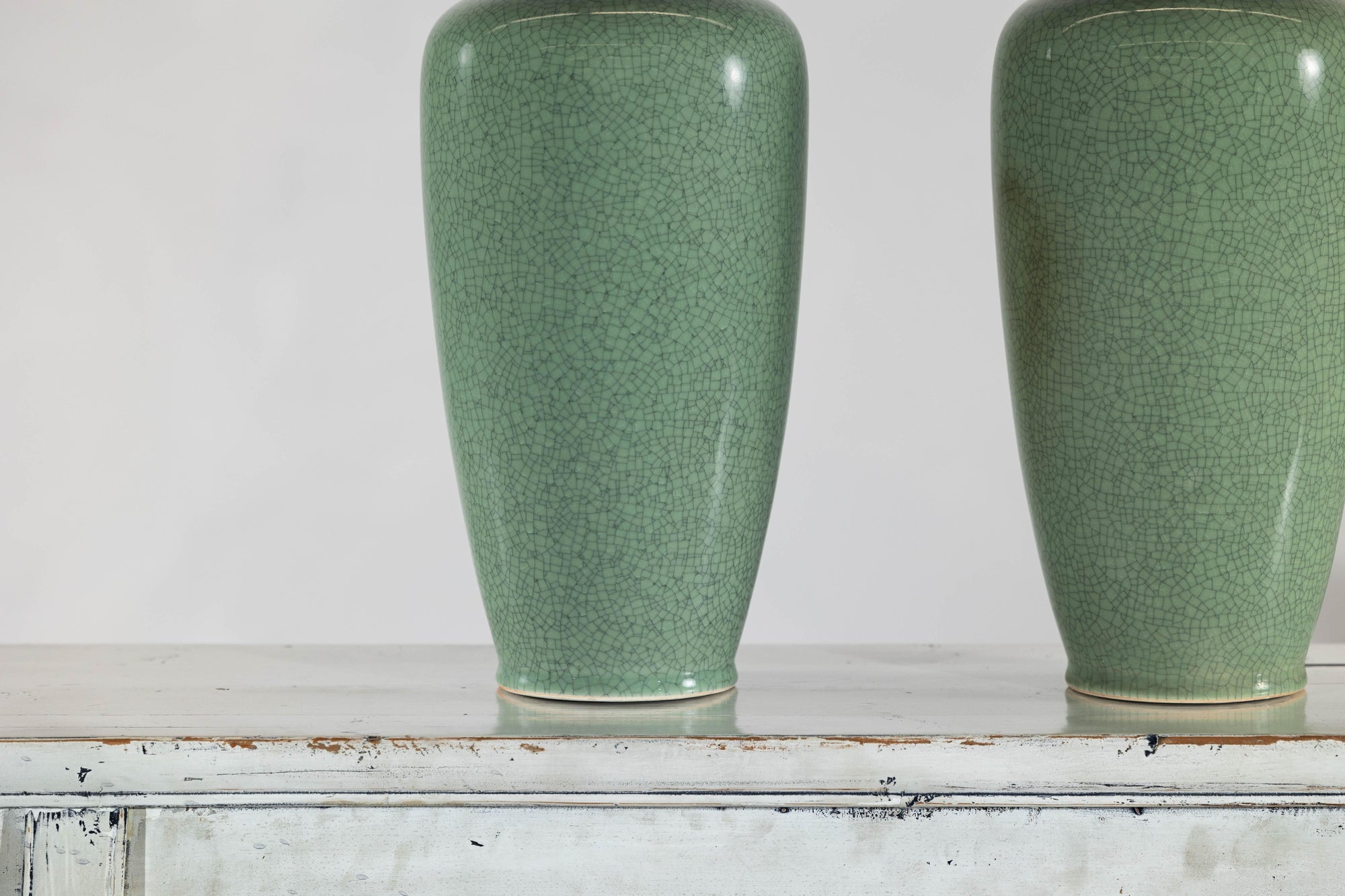 Pair of Vintage Celadon Porcelain Vases with Elegant Crackled Glaze