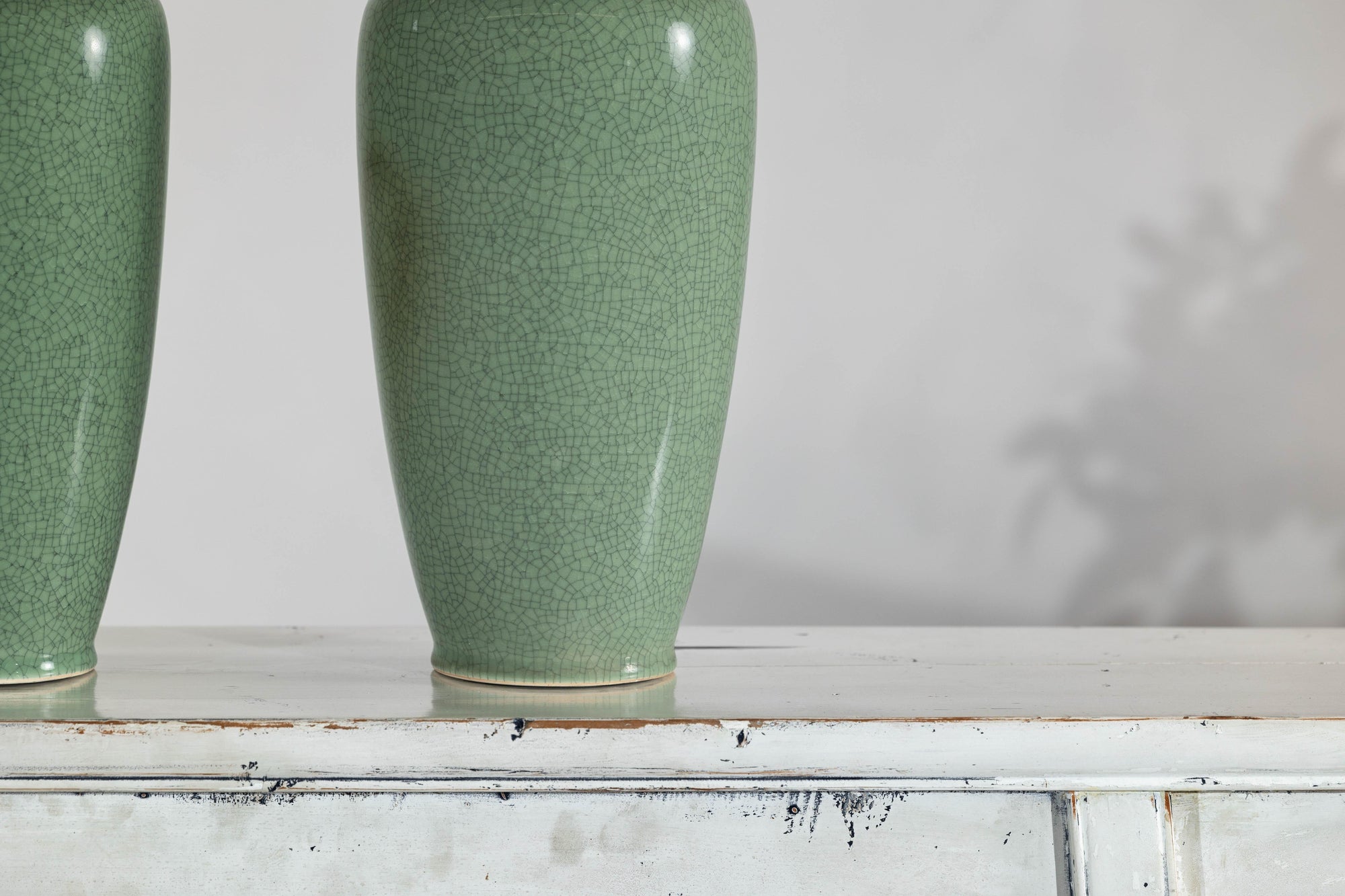 Pair of Vintage Celadon Porcelain Vases with Elegant Crackled Glaze