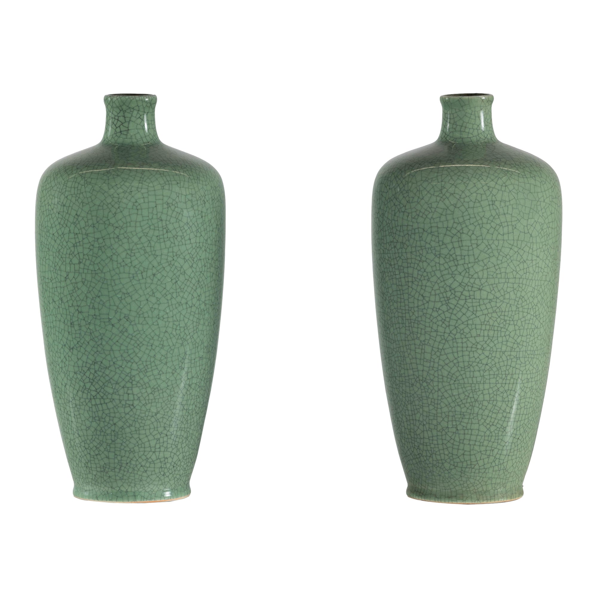 Pair of Vintage Celadon Porcelain Vases with Elegant Crackled Glaze