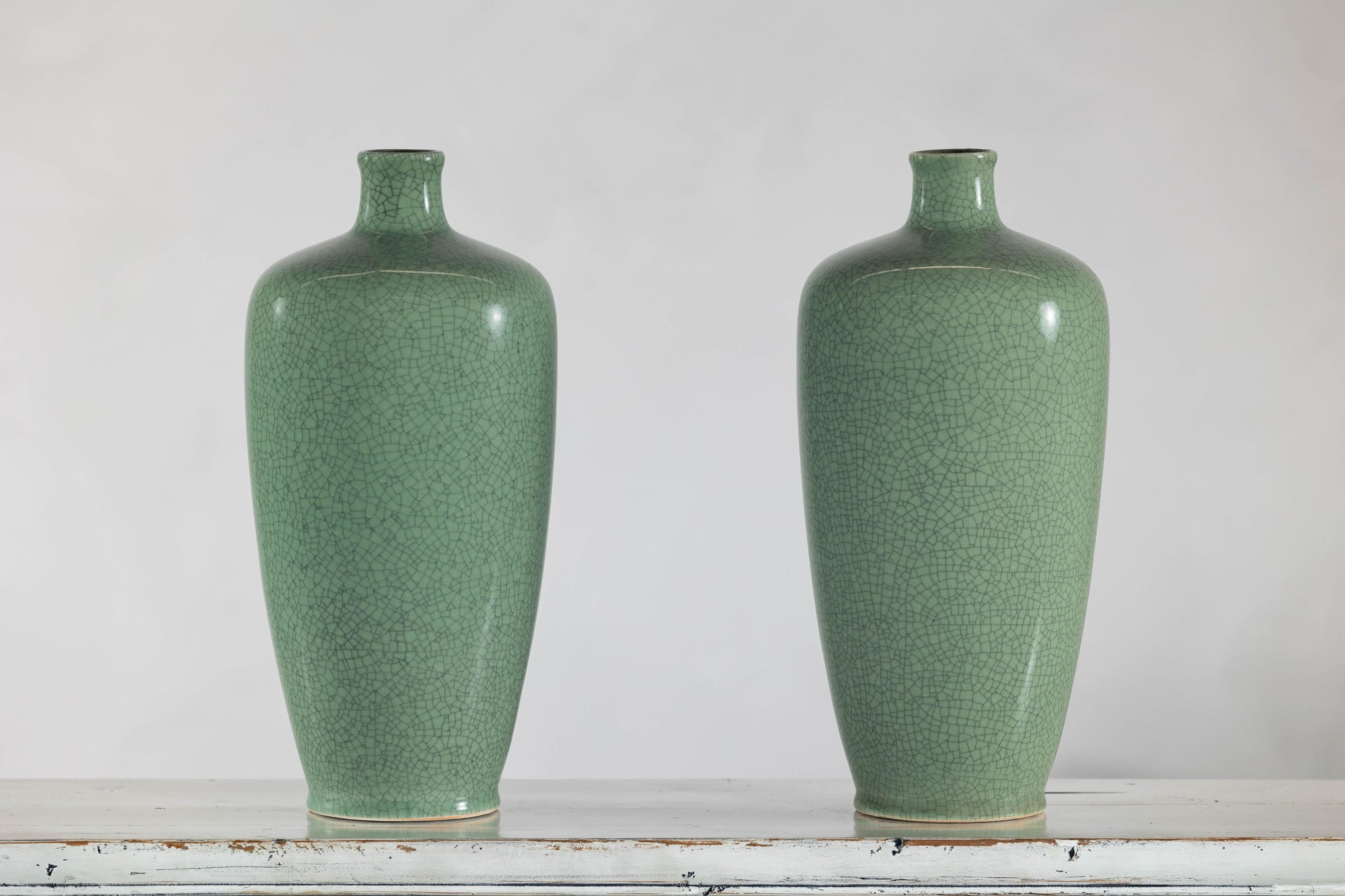 Pair of Vintage Celadon Porcelain Vases with Elegant Crackled Glaze