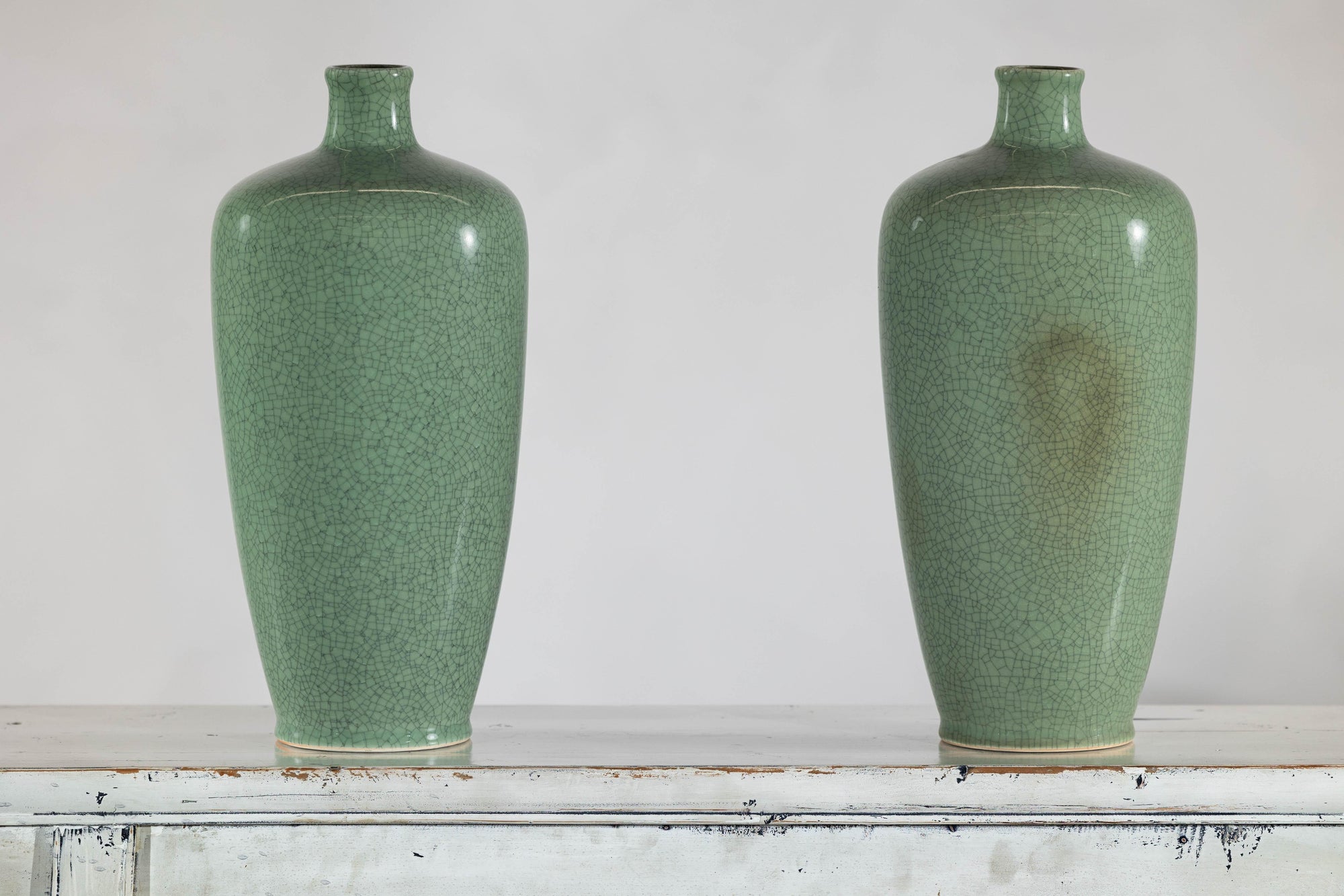 Pair of Vintage Celadon Porcelain Vases with Elegant Crackled Glaze