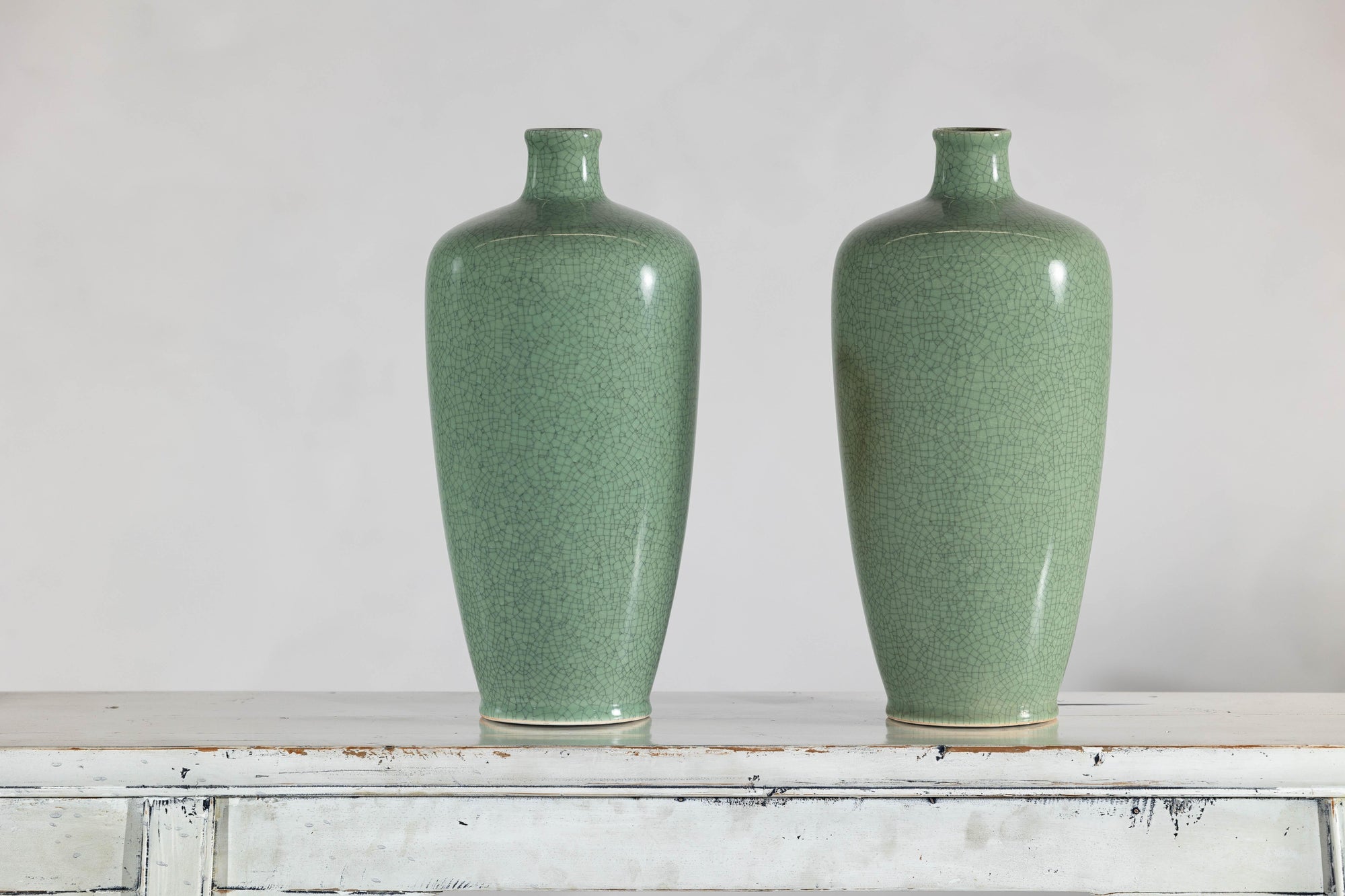 Pair of Vintage Celadon Porcelain Vases with Elegant Crackled Glaze