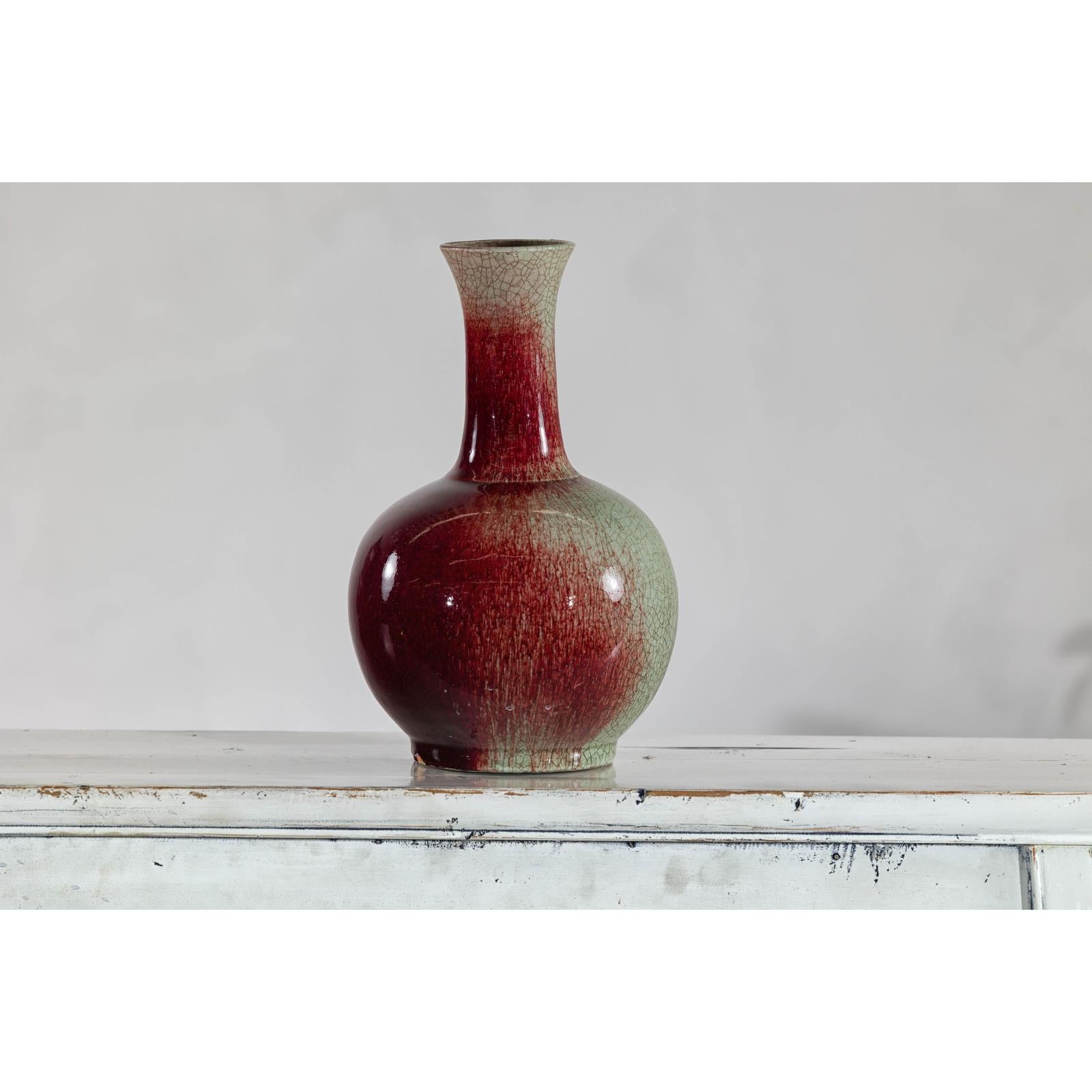 Vintage Red and Green Ceramic Vase with Crackled Glaze and Narrow Neck