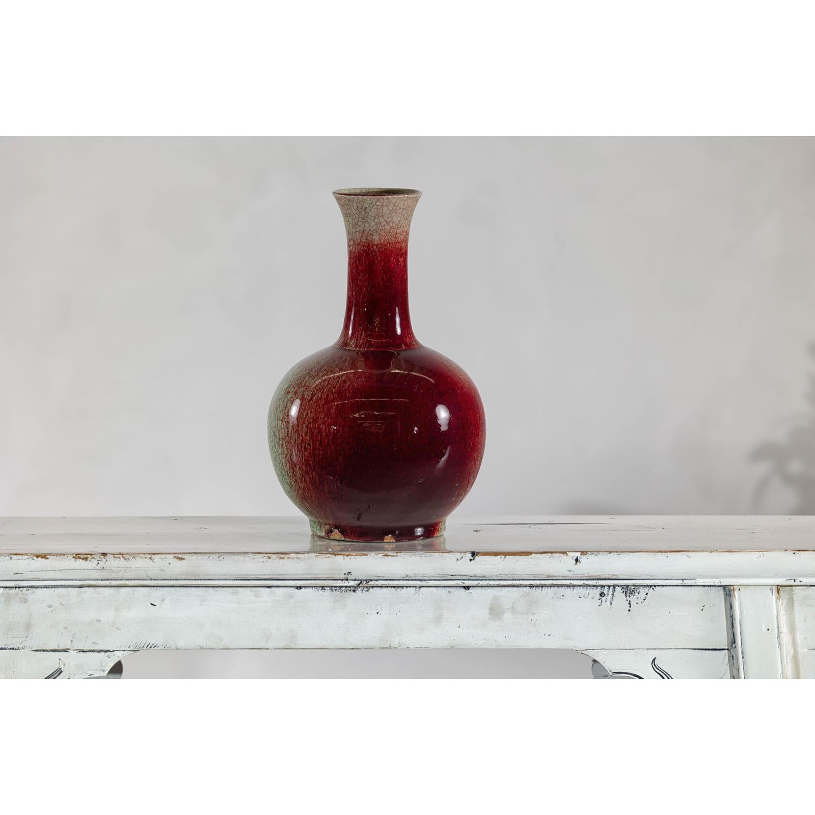 Vintage Red and Green Ceramic Vase with Crackled Glaze and Narrow Neck