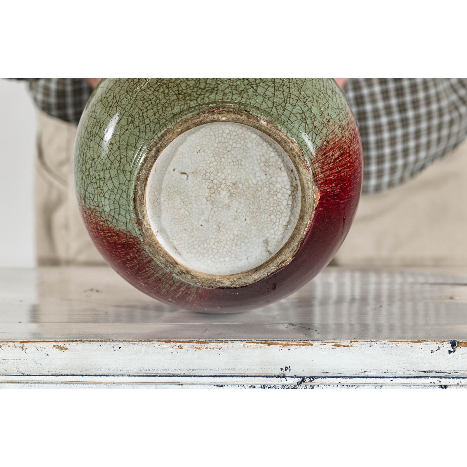 Vintage Red and Green Ceramic Vase with Crackled Glaze and Narrow Neck