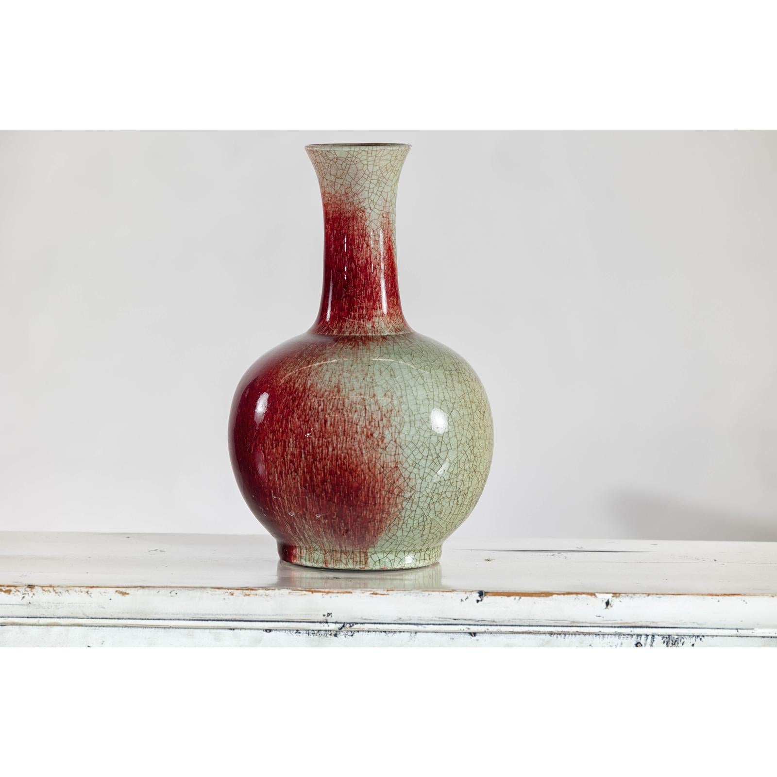 Vintage Red and Green Ceramic Vase with Crackled Glaze and Narrow Neck