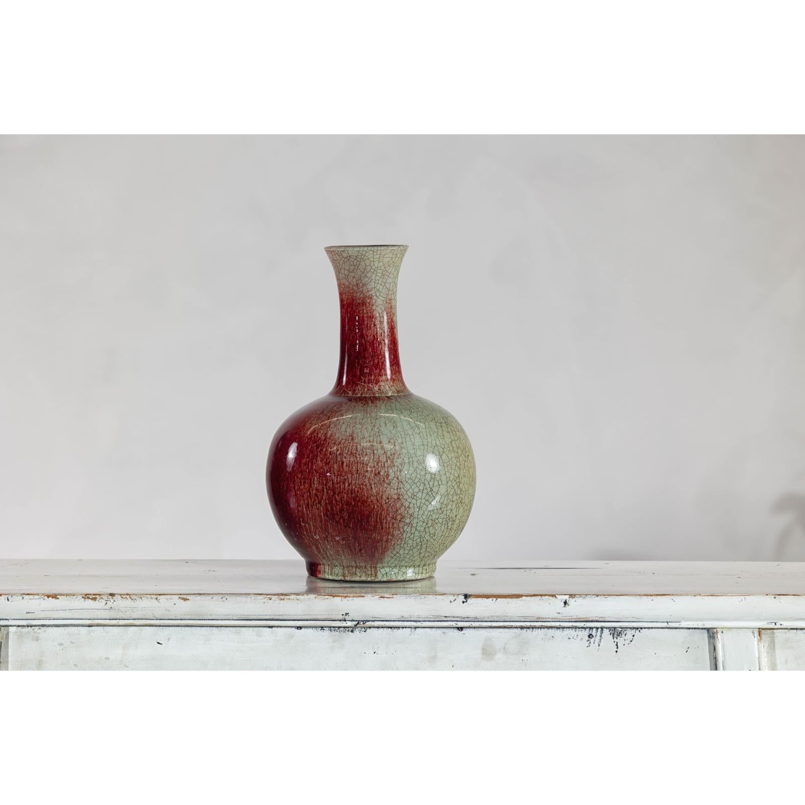 Vintage Red and Green Ceramic Vase with Crackled Glaze and Narrow Neck