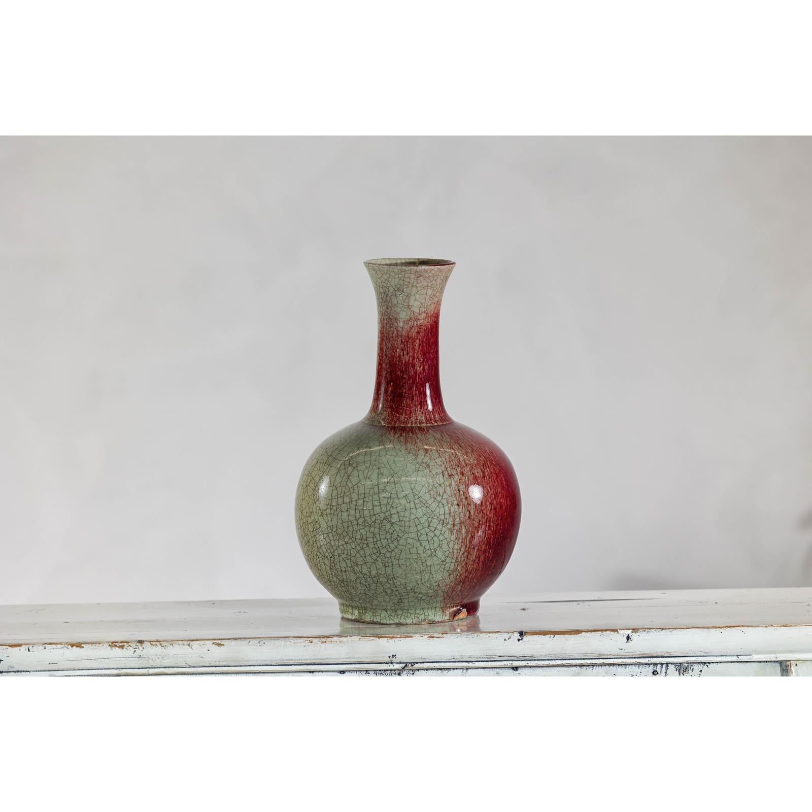 Vintage Red and Green Ceramic Vase with Crackled Glaze and Narrow Neck