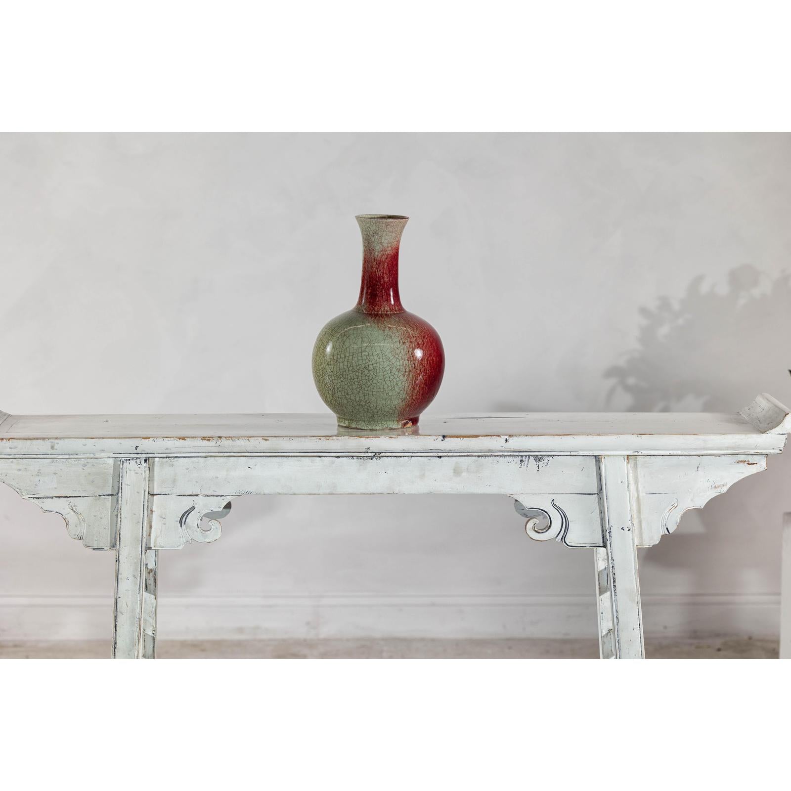 Vintage Red and Green Ceramic Vase with Crackled Glaze and Narrow Neck
