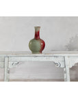 Vintage Red and Green Ceramic Vase with Crackled Glaze and Narrow Neck