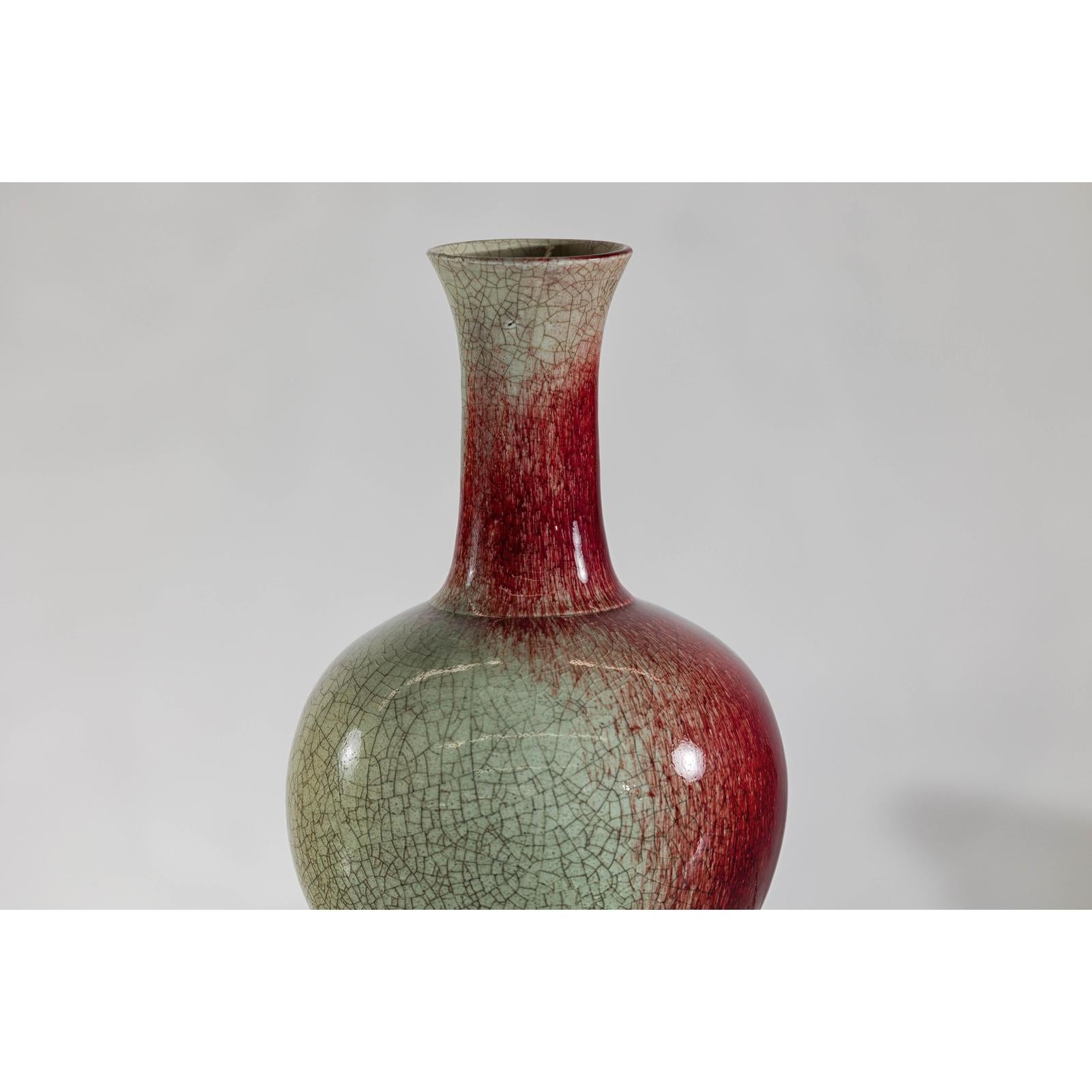 Vintage Red and Green Ceramic Vase with Crackled Glaze and Narrow Neck