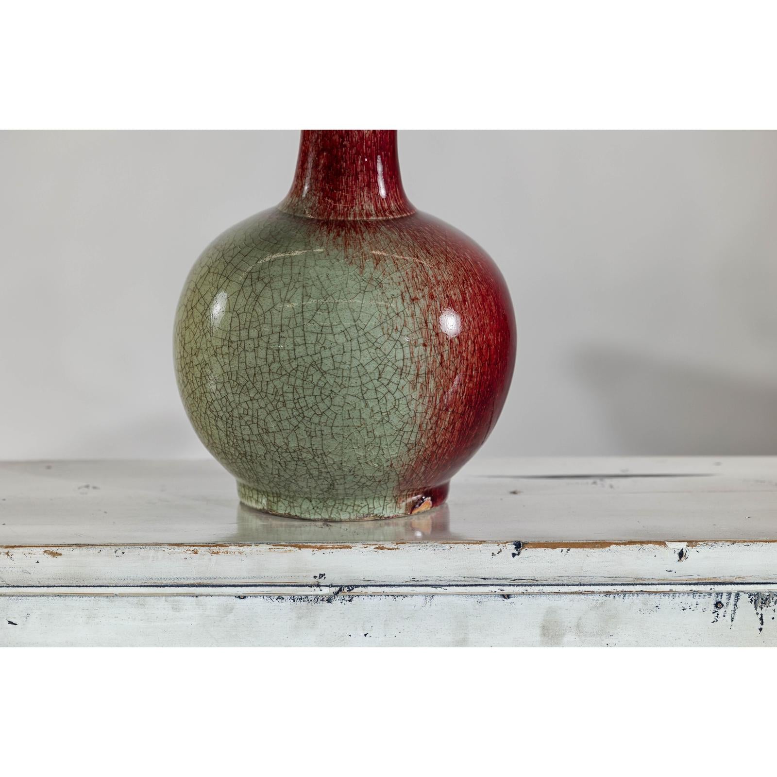 Vintage Red and Green Ceramic Vase with Crackled Glaze and Narrow Neck