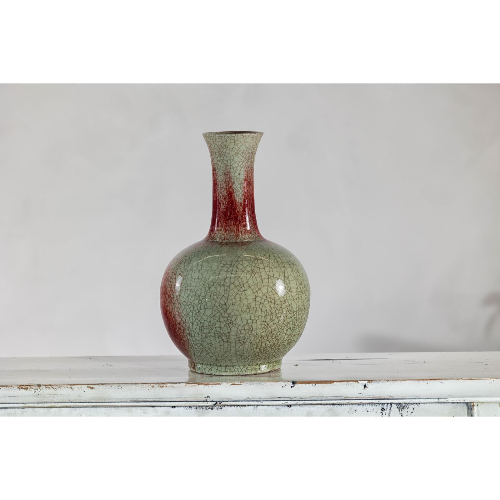 Vintage Red and Green Ceramic Vase with Crackled Glaze and Narrow Neck