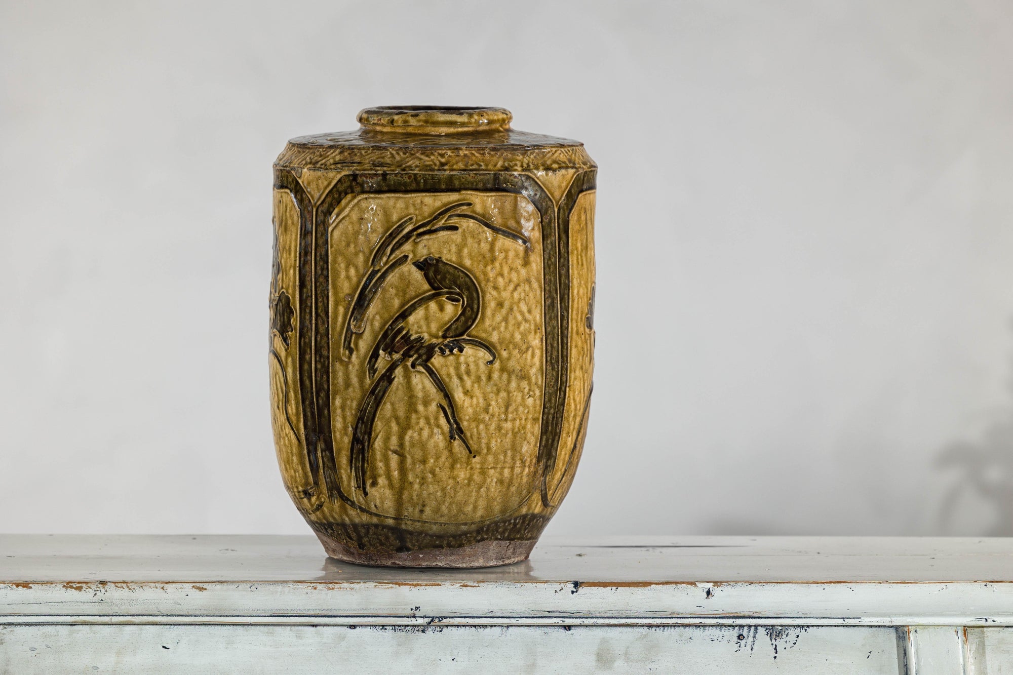 Vintage Mustard Brown Glazed Ceramic Vase with Incised Floral and Bird Motifs