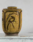 Vintage Mustard Brown Glazed Ceramic Vase with Incised Floral and Bird Motifs