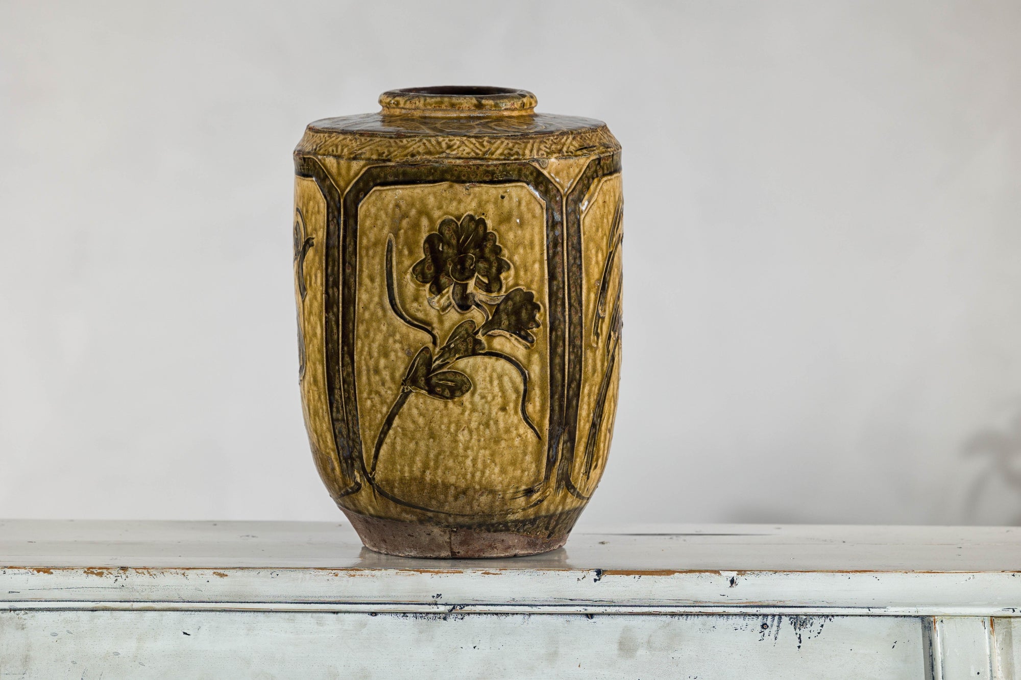 Vintage Mustard Brown Glazed Ceramic Vase with Incised Floral and Bird Motifs