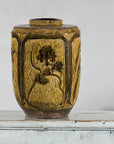 Vintage Mustard Brown Glazed Ceramic Vase with Incised Floral and Bird Motifs