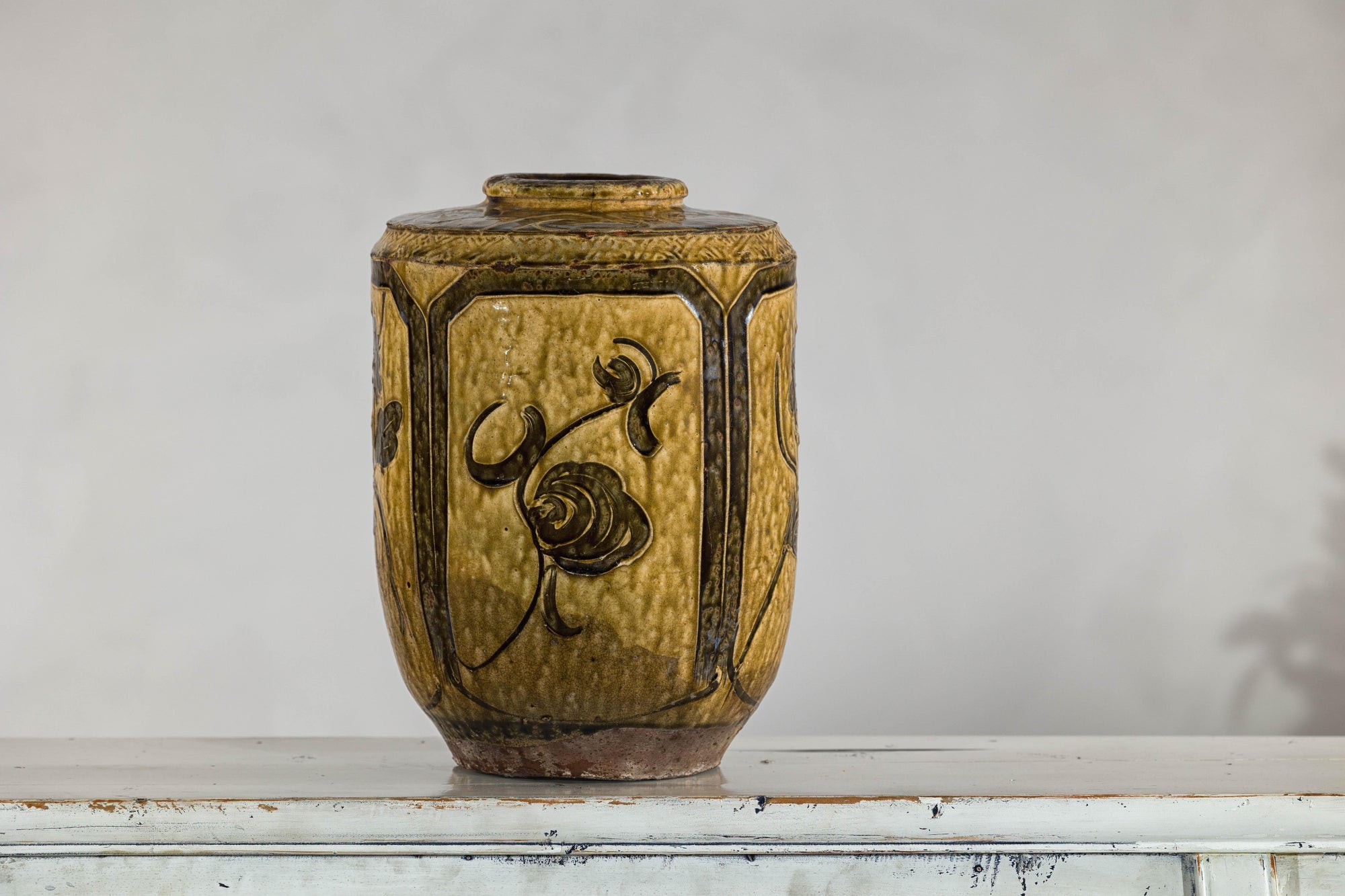 Vintage Mustard Brown Glazed Ceramic Vase with Incised Floral and Bird Motifs